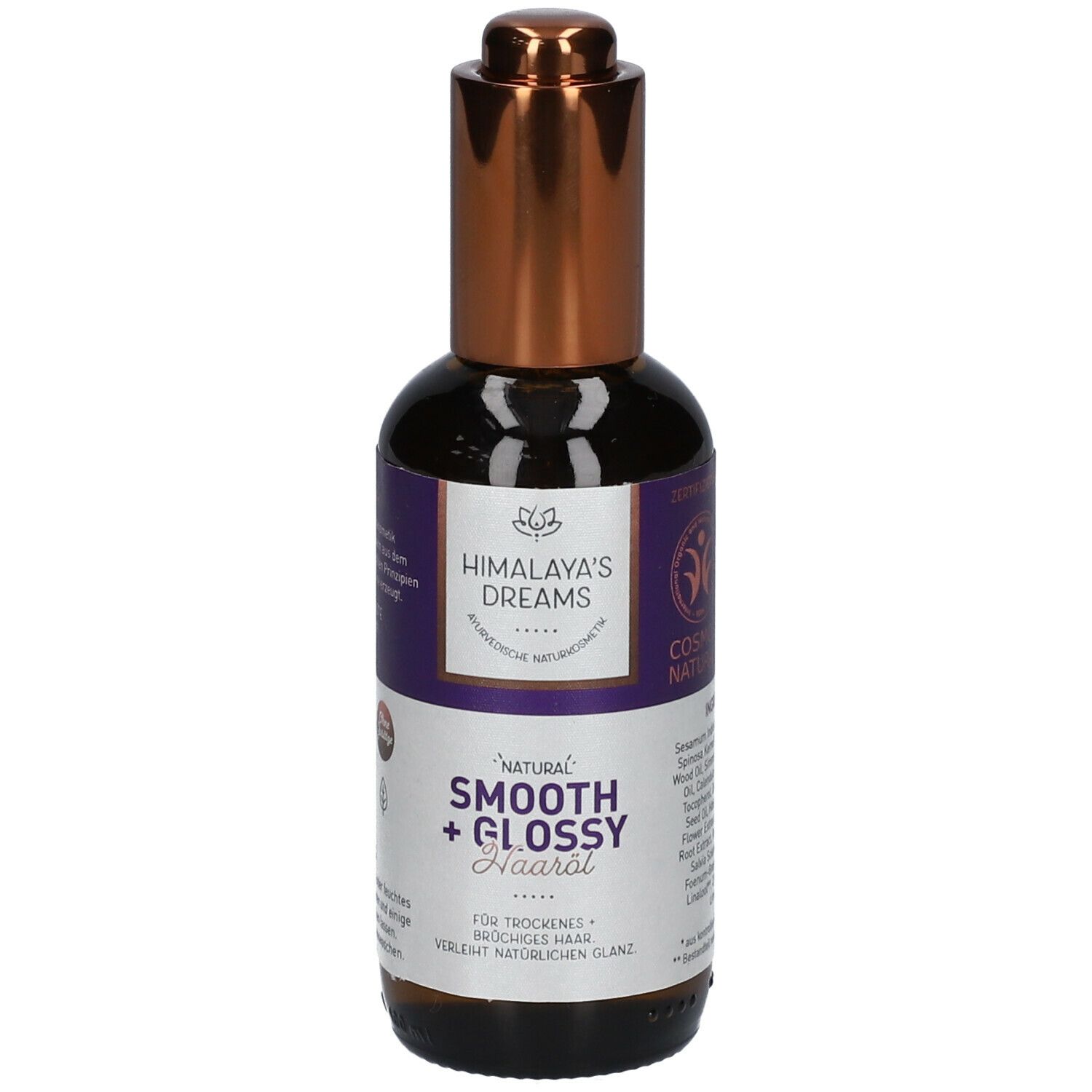 Achteraanzicht van de fles. Ingrediënten. Cosmos Natural certificering. Made in India. Bruine glazen fles.