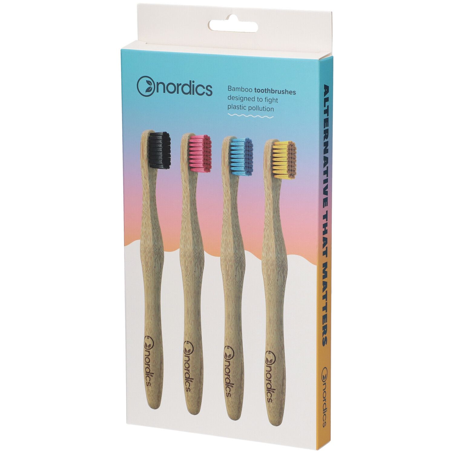 Emballage de quatre brosses à dents en bambou avec soies colorées. Marque : nordics.