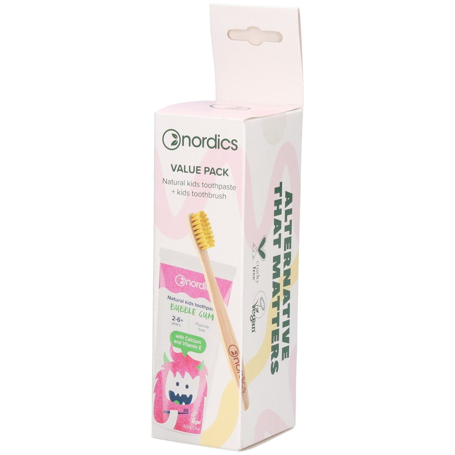 Pack économique de dentifrice pour enfants. Contient dentifrice et brosse à dents. Emballage avec nom et logo du produit.