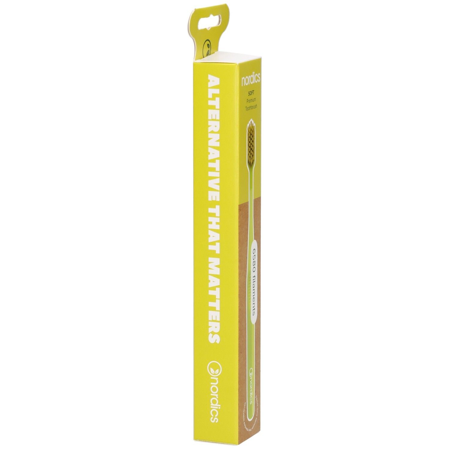 Emballage avec brosse à dents verte. Texte : ALTERNATIVE THAT MATTERS. Marque : nordics. Logo et nom du produit.