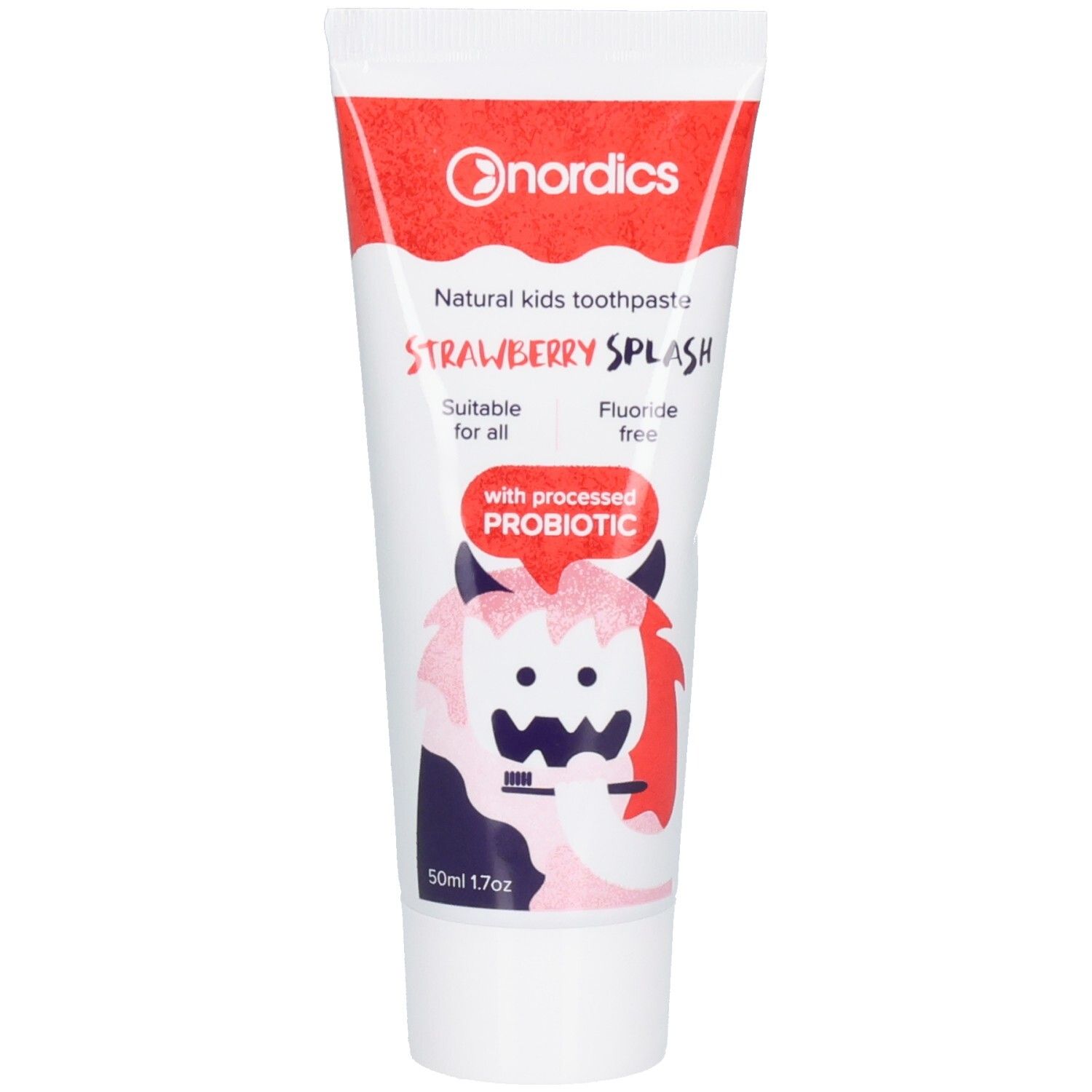 Tube de dentifrice blanc et rouge. Inscriptions: nordics, STRAWBERRY SPLASH, avec probiotique. 50ml.