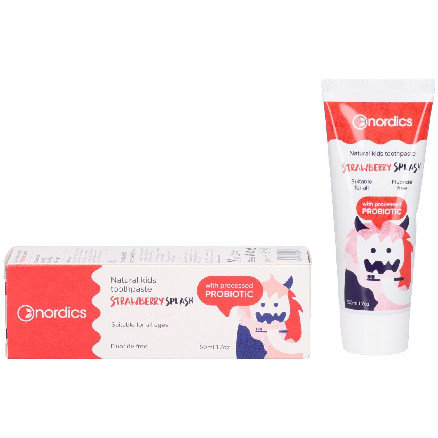 Tube et boîte de dentifrice. Inscriptions: nordics, STRAWBERRY SPLASH, avec probiotique. 50ml. Boîte avec image du produit.