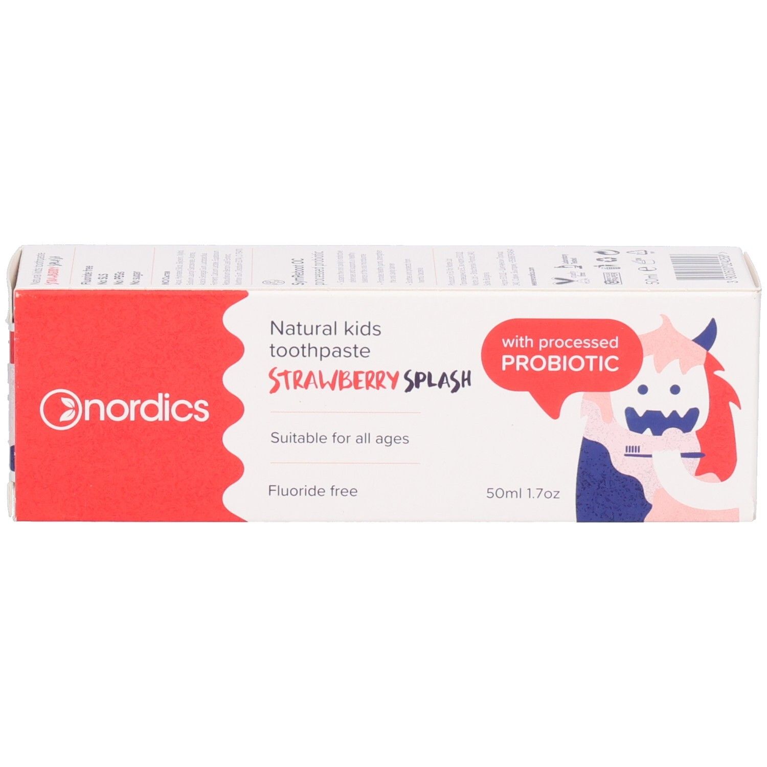 Boîte de dentifrice. Inscriptions: nordics, STRAWBERRY SPLASH, avec probiotique. 50ml. Image du produit.