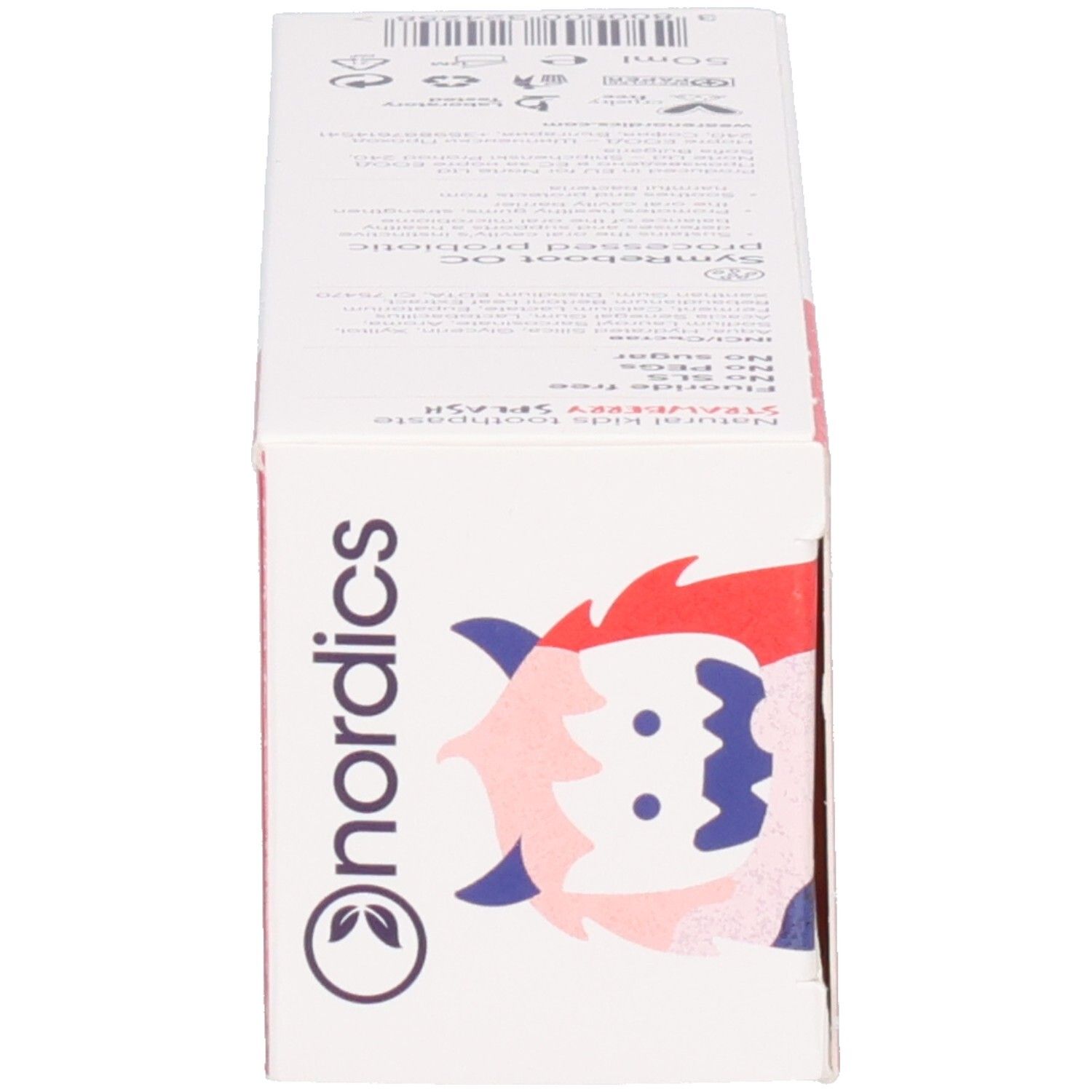 Boîte de dentifrice. Inscriptions: nordics, STRAWBERRY SPLASH, avec probiotique. Contient des informations sur les ingrédients et le fabricant.