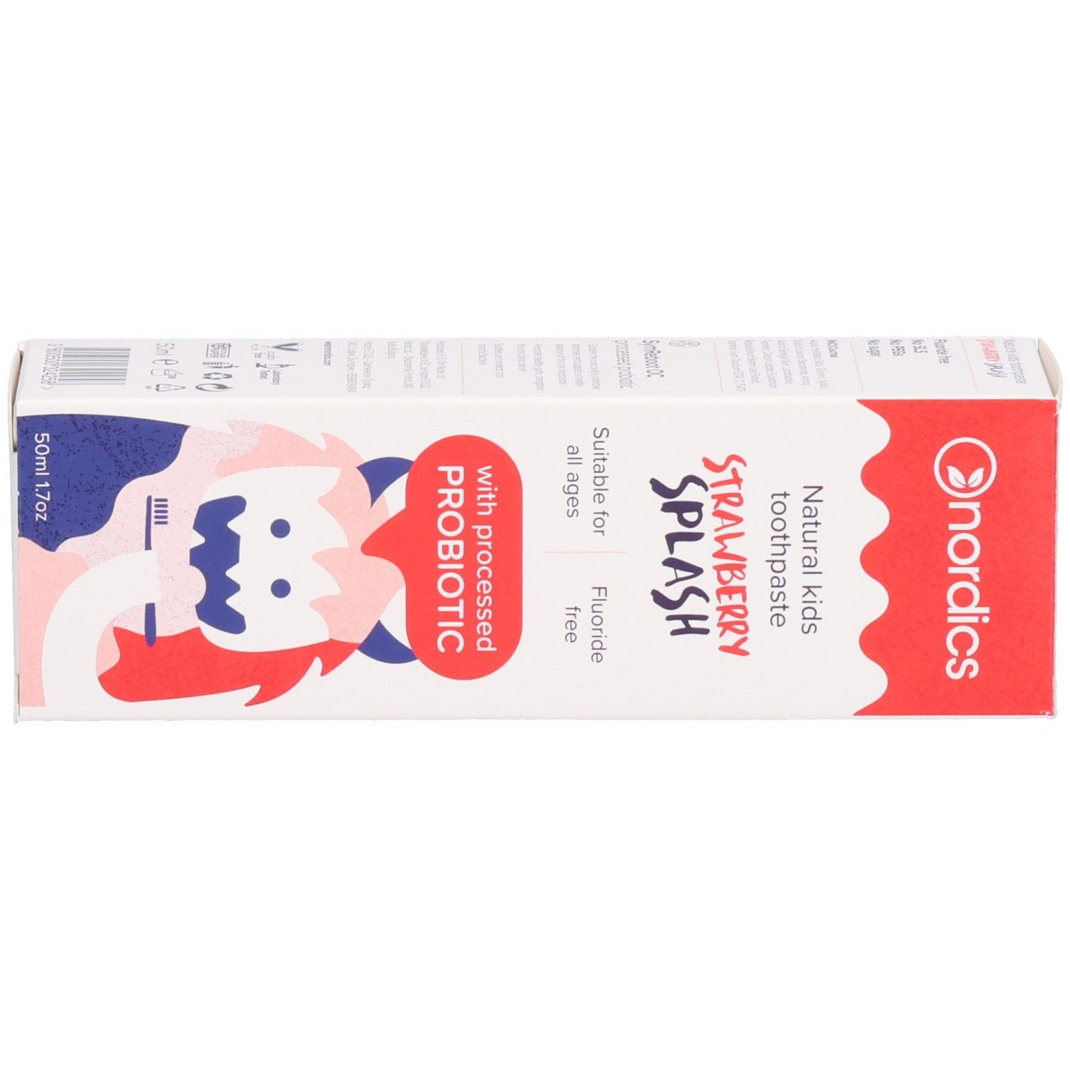 Boîte de dentifrice. Inscriptions: nordics, STRAWBERRY SPLASH, avec probiotique. 50ml. Image du produit.