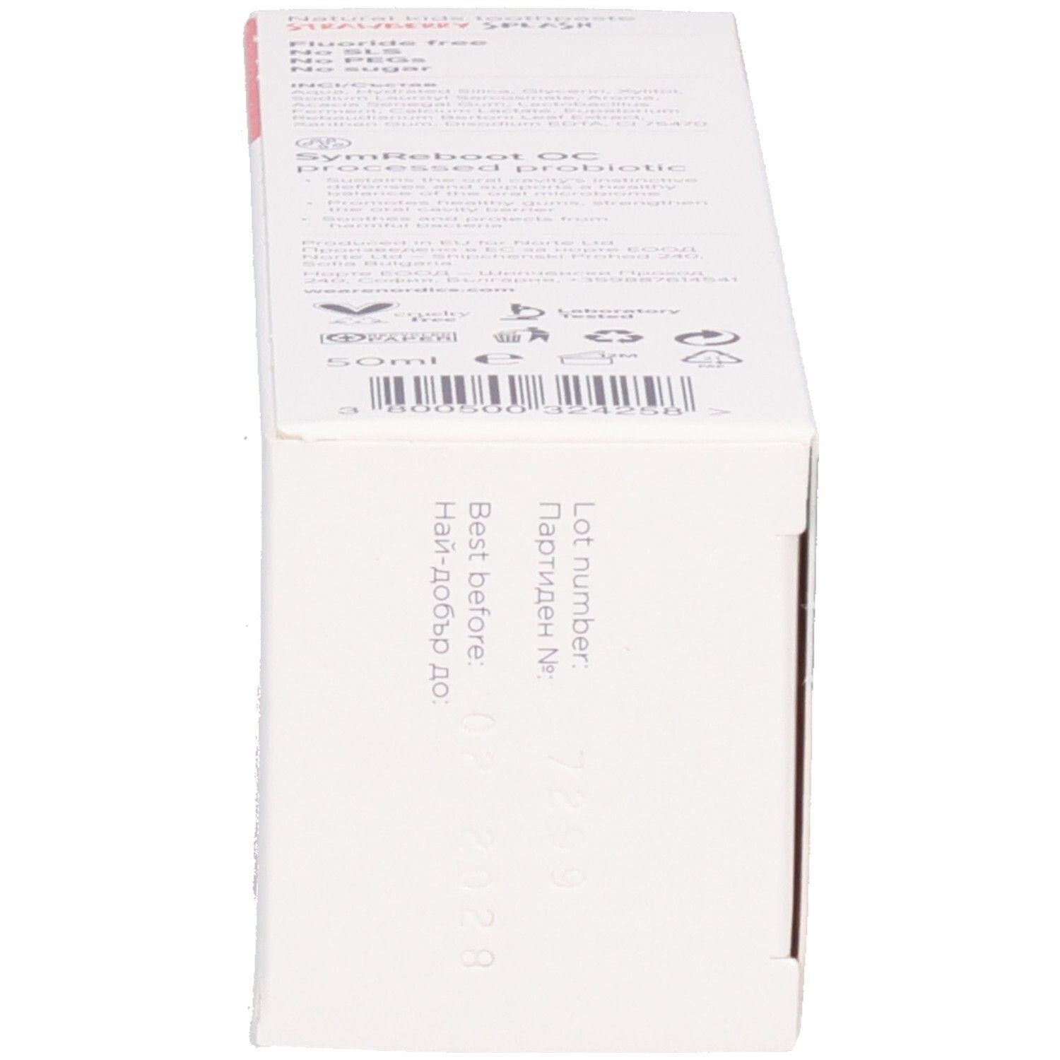 Boîte de dentifrice. Inscriptions: nordics, STRAWBERRY SPLASH, avec probiotique. Contient des informations sur les ingrédients et le fabricant.