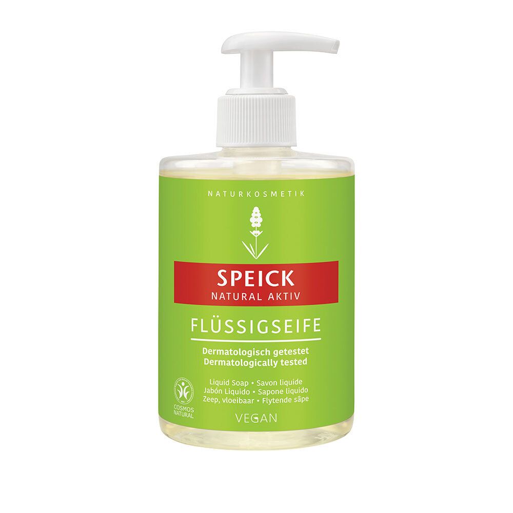 Savon liquide avec distributeur. Étiquette verte avec nom et logo du produit. Végétalien.