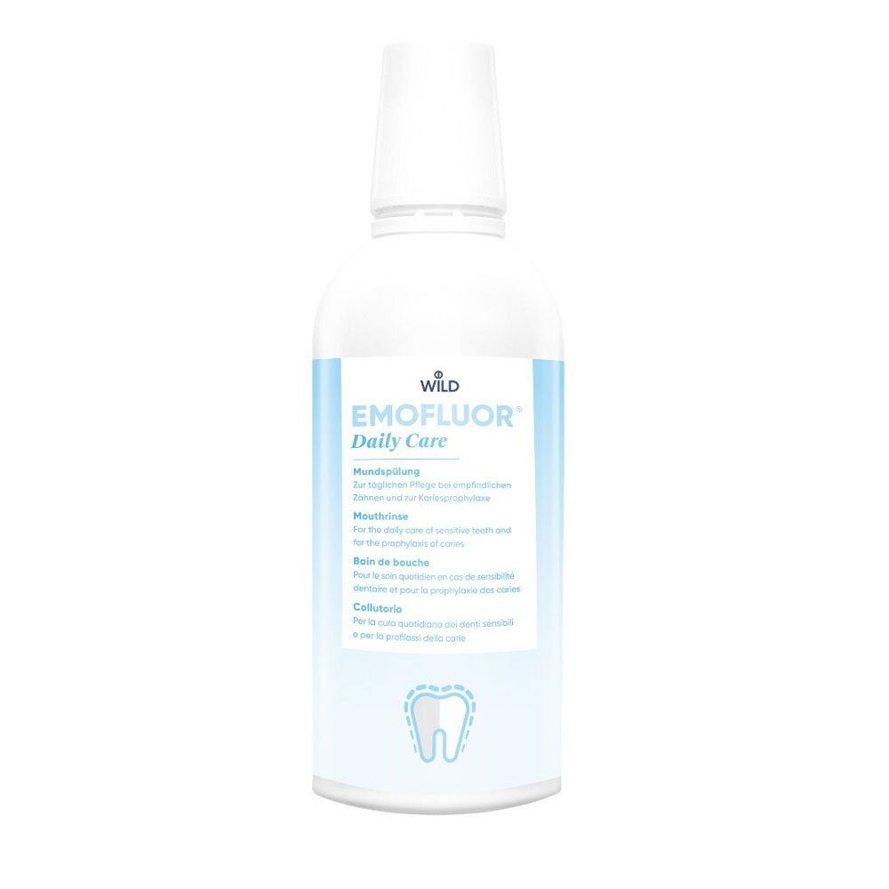 Witte fles met blauw etiket. EMOFLUOR Daily Care Mondspoeling. Tand-symbool.