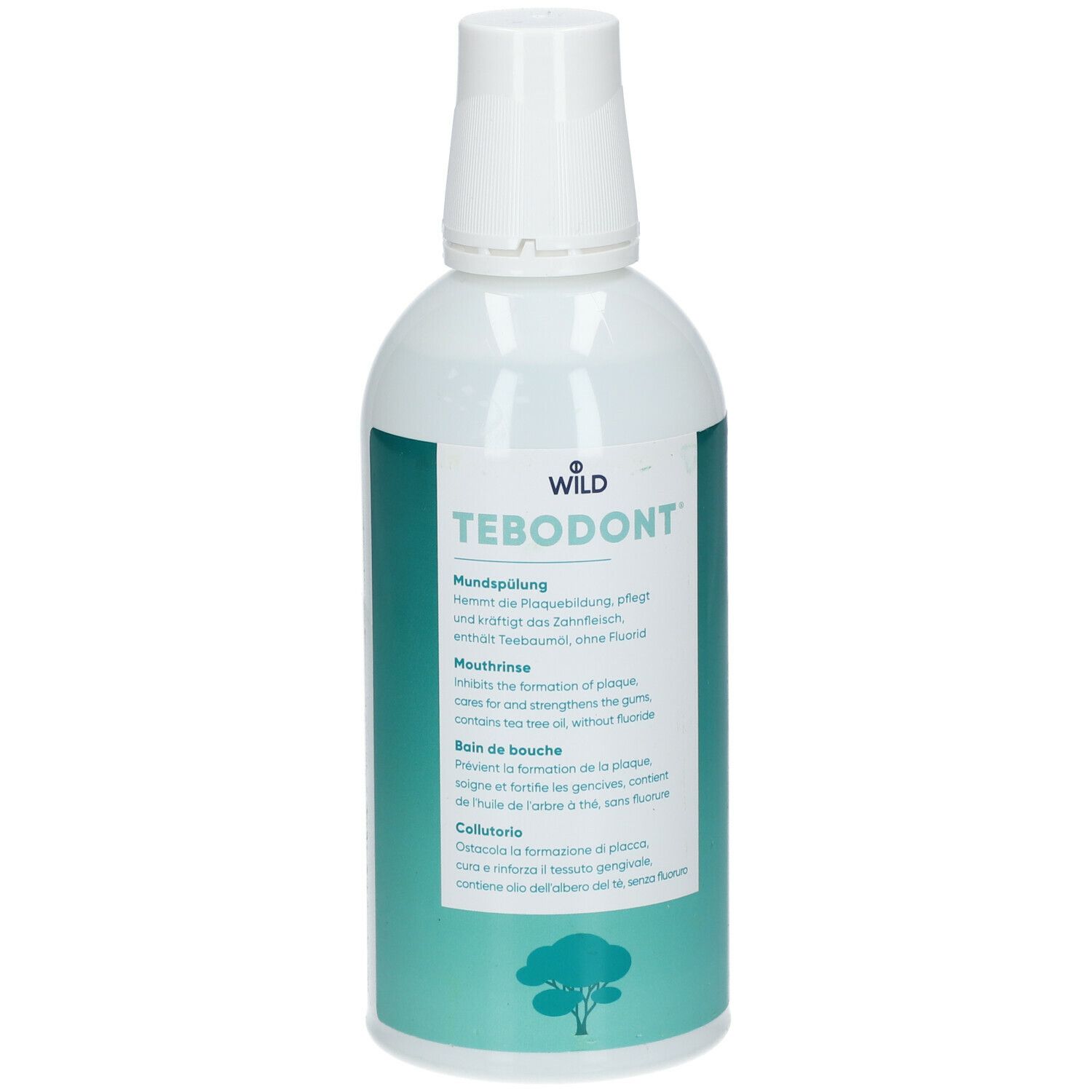 Bouteille blanche avec étiquette verte. Inscription: TEBODONT Bain de bouche. Logo d'arbre.