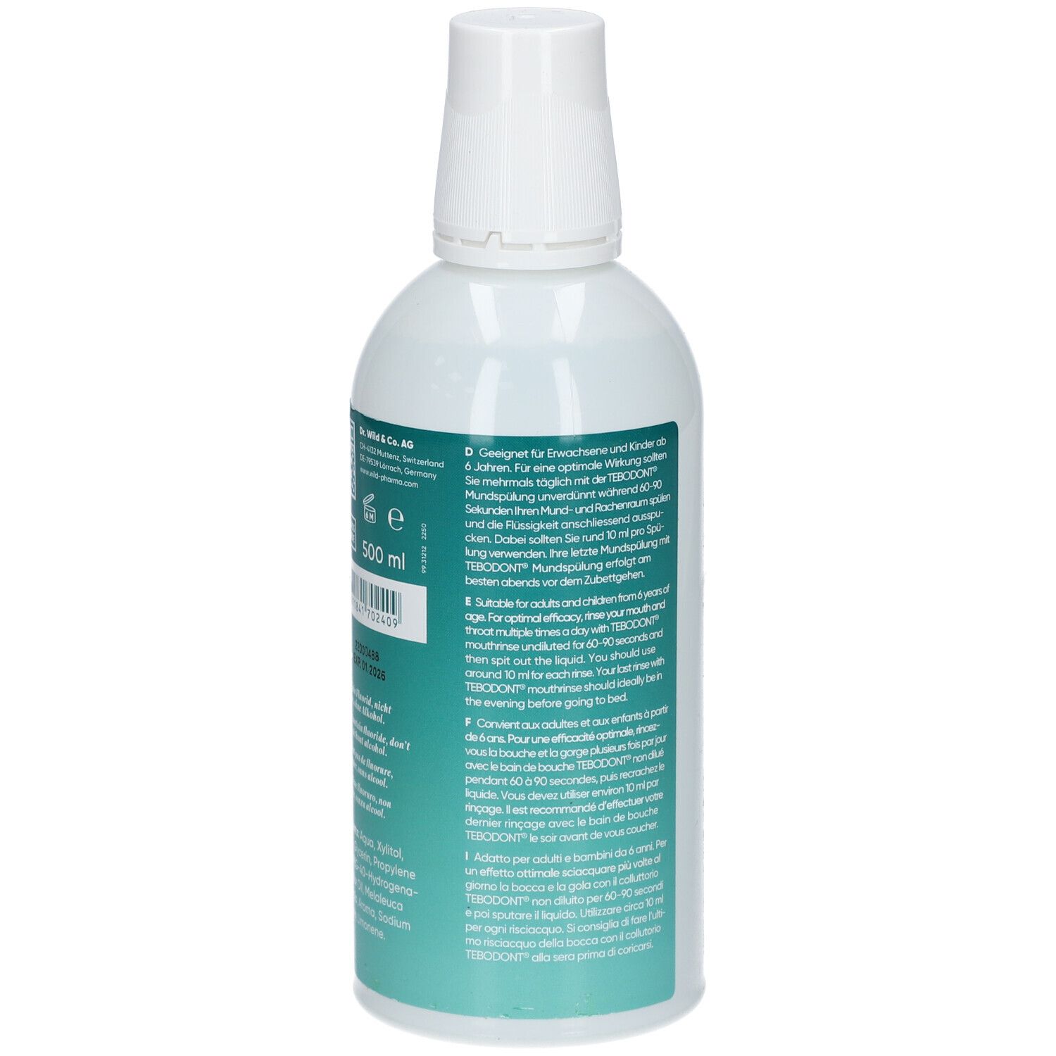 Bouteille blanche avec étiquette verte. Texte multilingue. Volume: 500 ml.