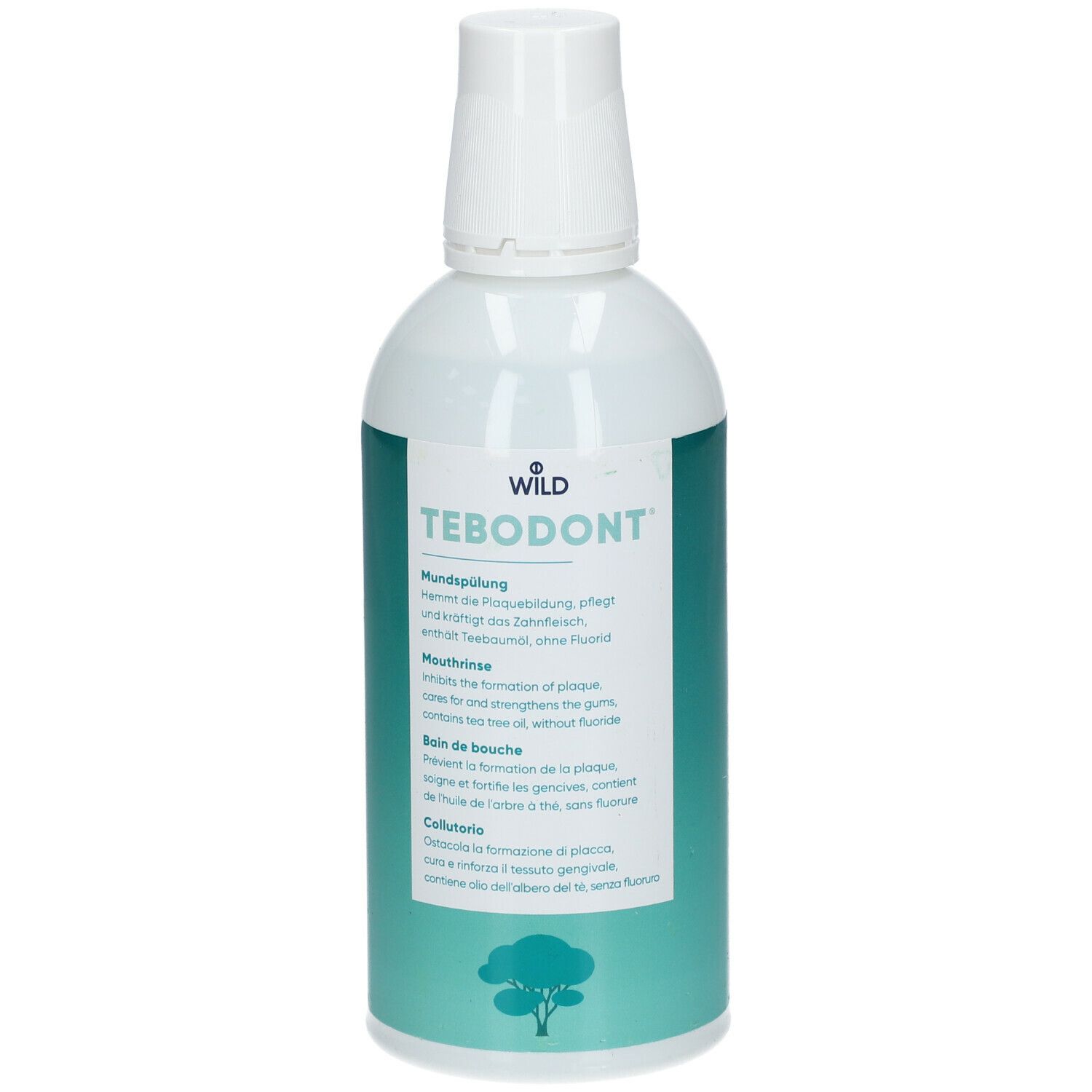 Bouteille blanche avec étiquette verte. Inscription: TEBODONT Bain de bouche. Logo d'arbre.