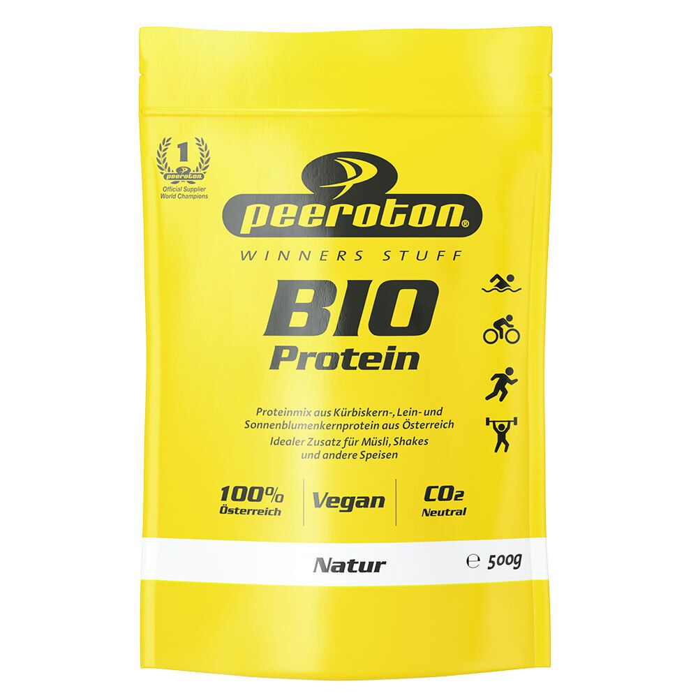 Emballage jaune avec inscription Peeroton BIO Protein. Comprend des icônes de sports et un sceau "Vegan".