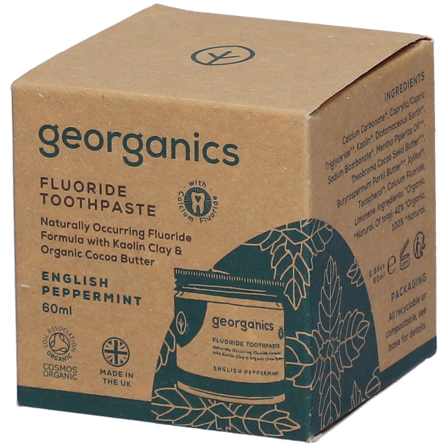 GEORGANICS Fluoride Tandpasta, English Peppermint, 60ml, op kartonnen verpakking.