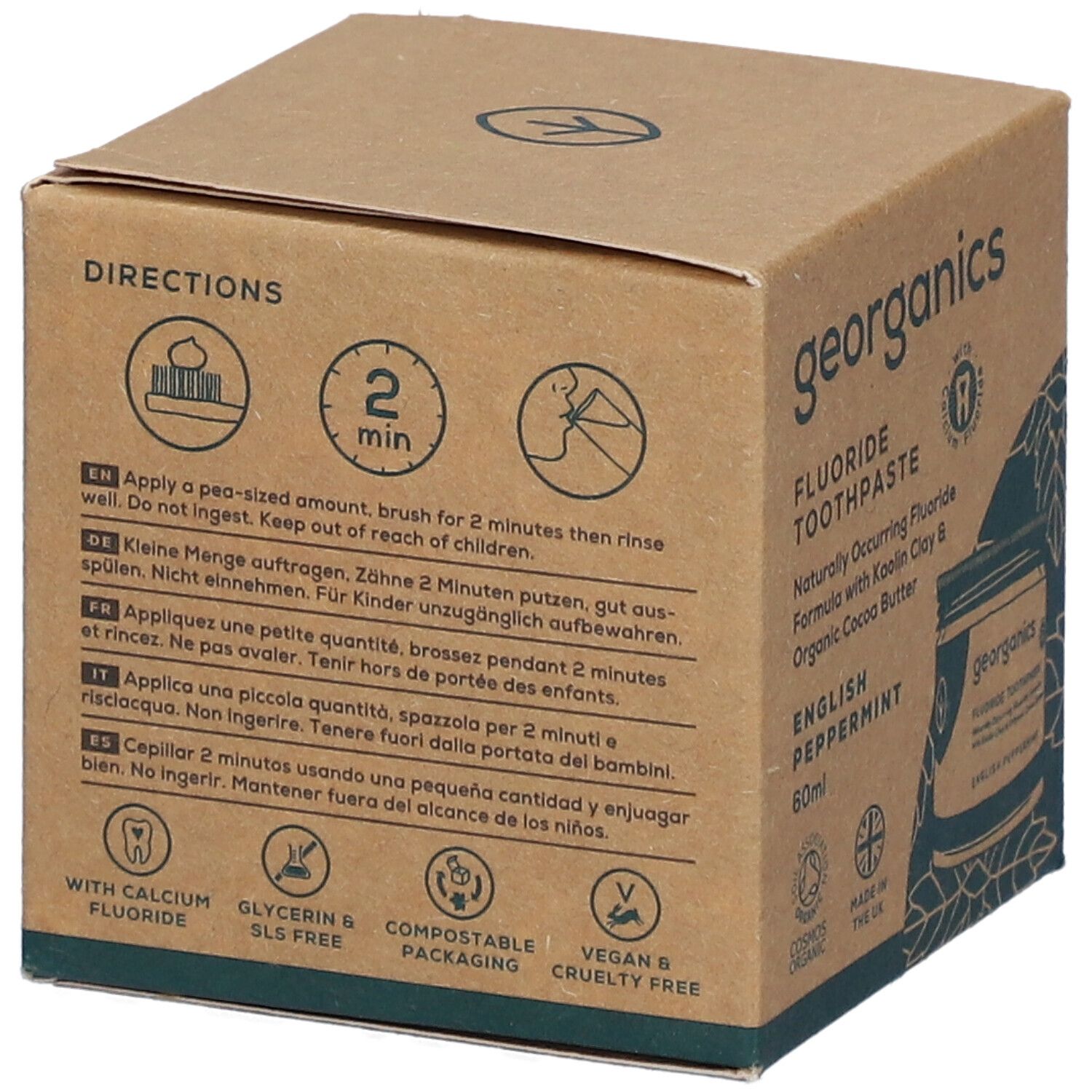 GEORGANICS tandpastaverpakking met gebruiksinstructies en iconen.