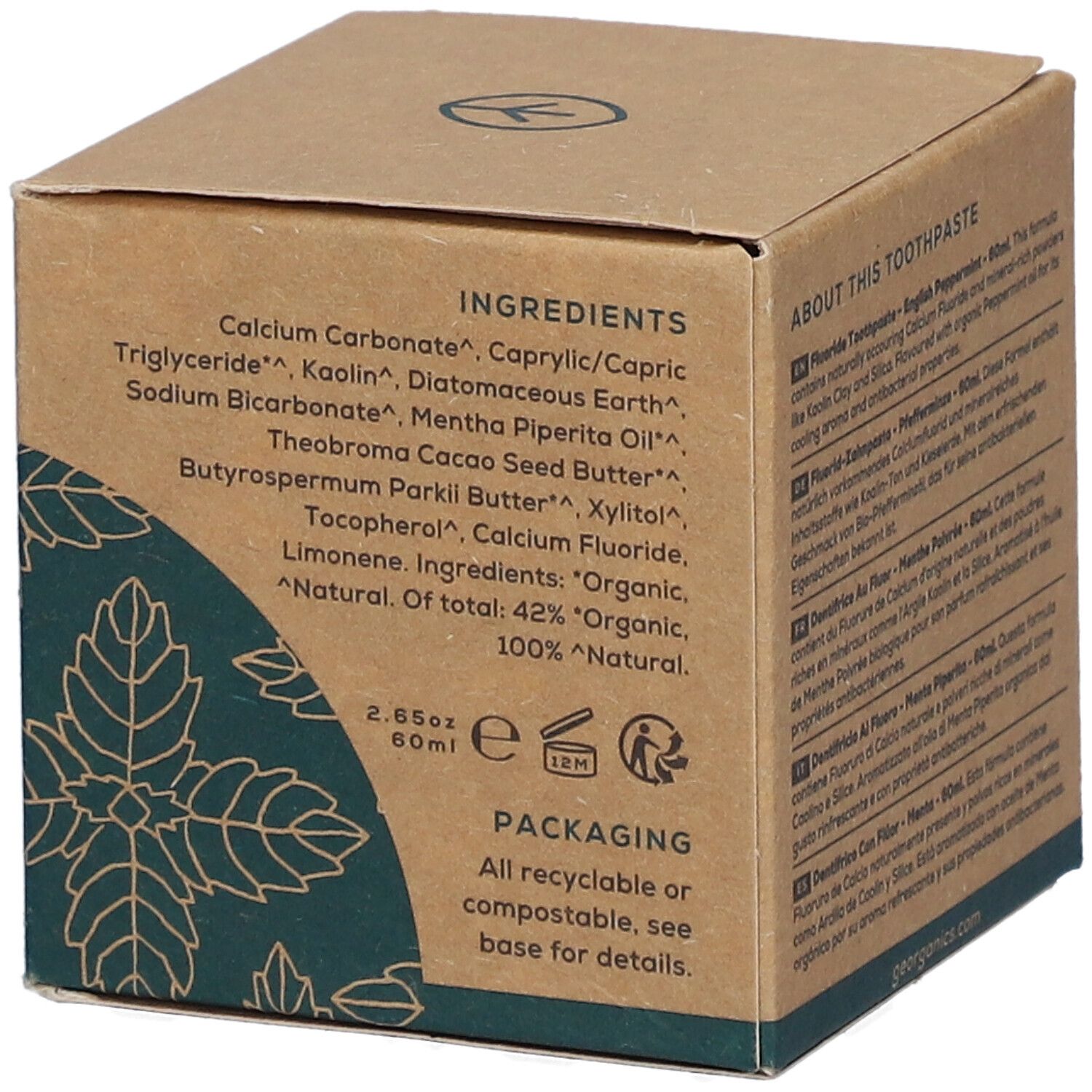GEORGANICS tandpastaverpakking met ingrediëntenlijst en verpakkingsinformatie.