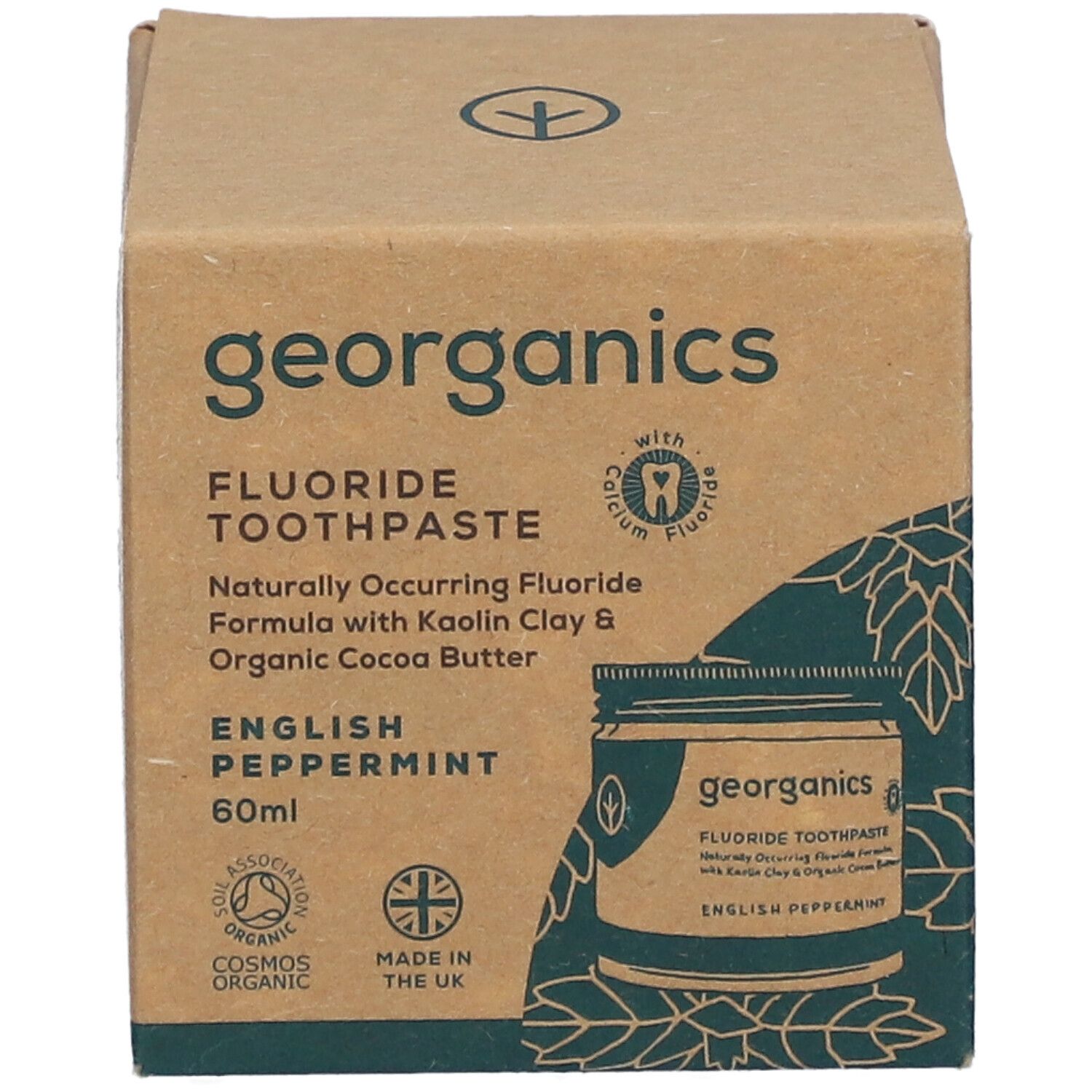 GEORGANICS tandpastaverpakking met zegels en productinformatie.
