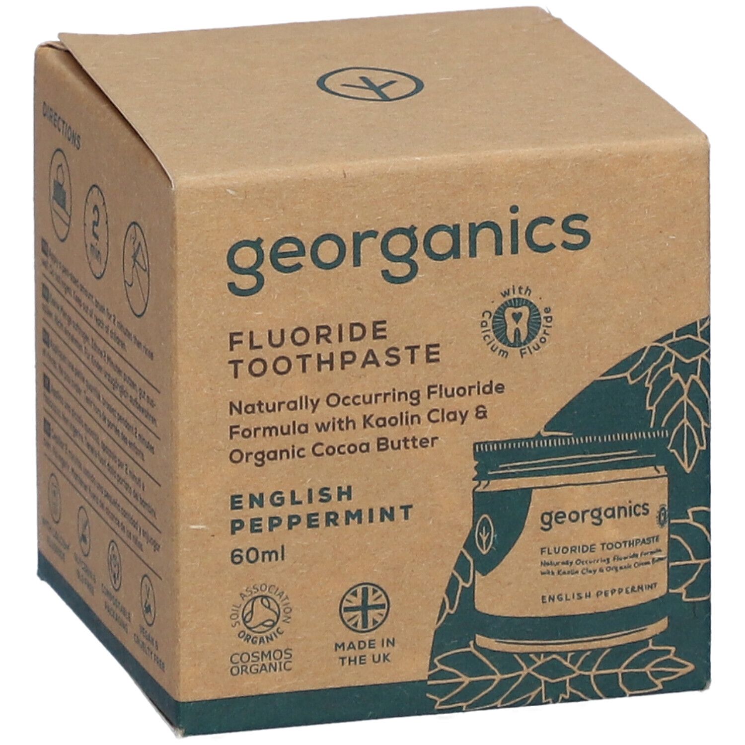 GEORGANICS tandpastaverpakking met zegels en productafbeelding.