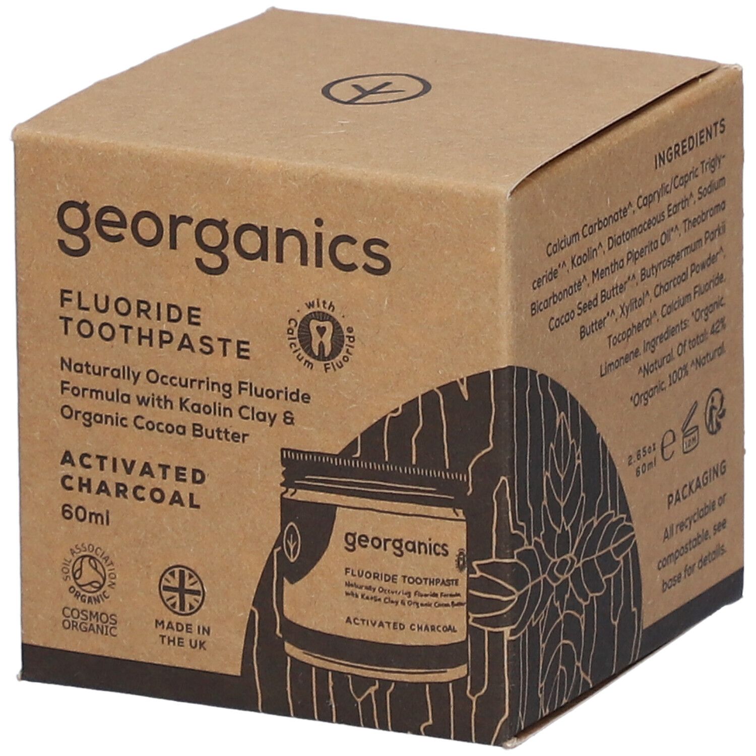 GEORGANICS Tandpasta met fluoride en actieve kool, 60ml. Kartonnen verpakking met productafbeelding en zegels.