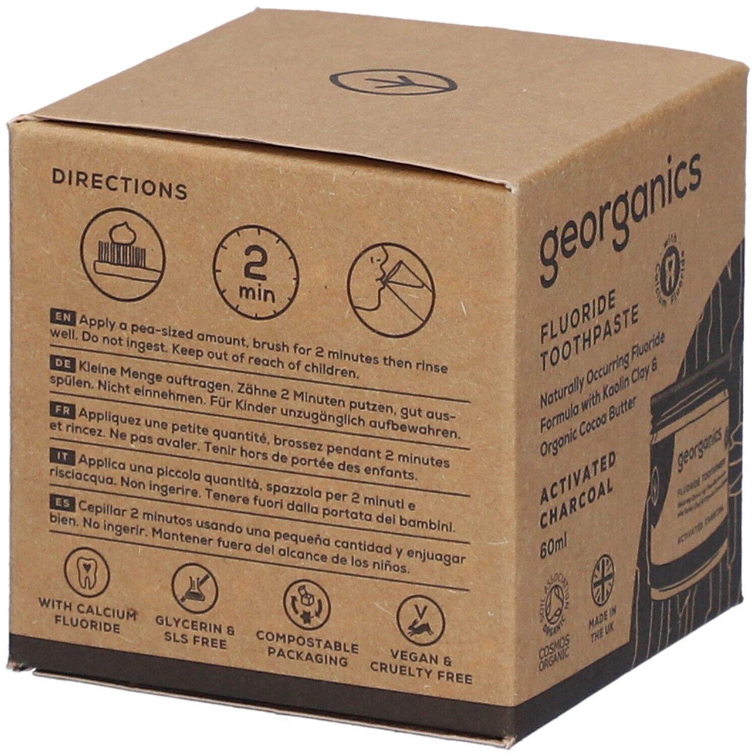 GEORGANICS Tandpasta: Gebruiksinstructies met pictogrammen, poetsduur 2 minuten, 60ml.