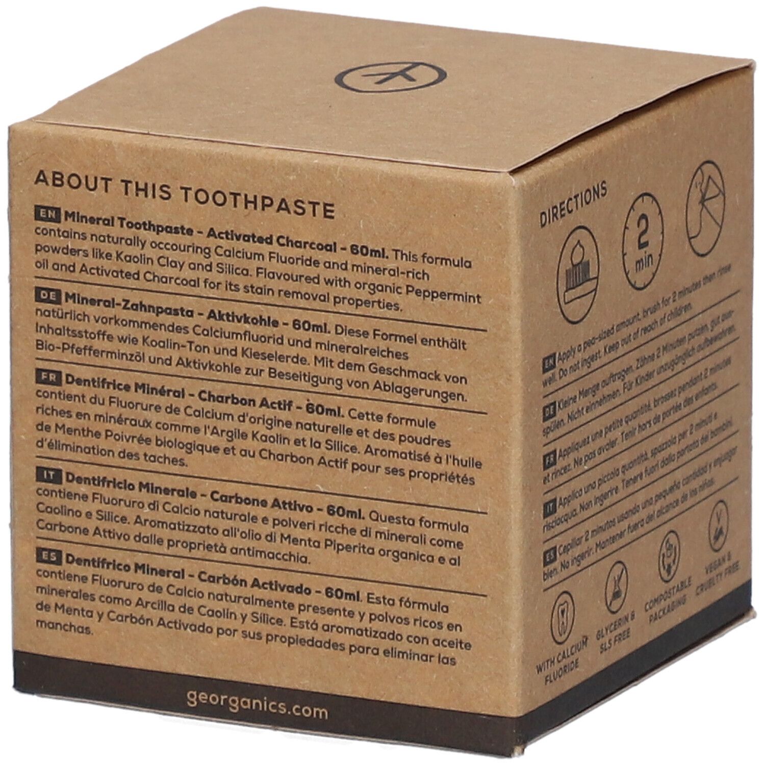 GEORGANICS Tandpasta: Productbeschrijving in het Duits, Engels, Frans, Italiaans, Spaans. 60ml.