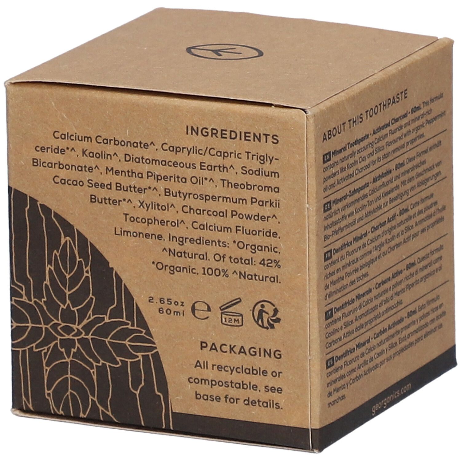 GEORGANICS Tandpasta: Ingrediënten, 60ml. Bevat calciumcarbonaat, kaolien, actieve kool. Recycling-informatie.
