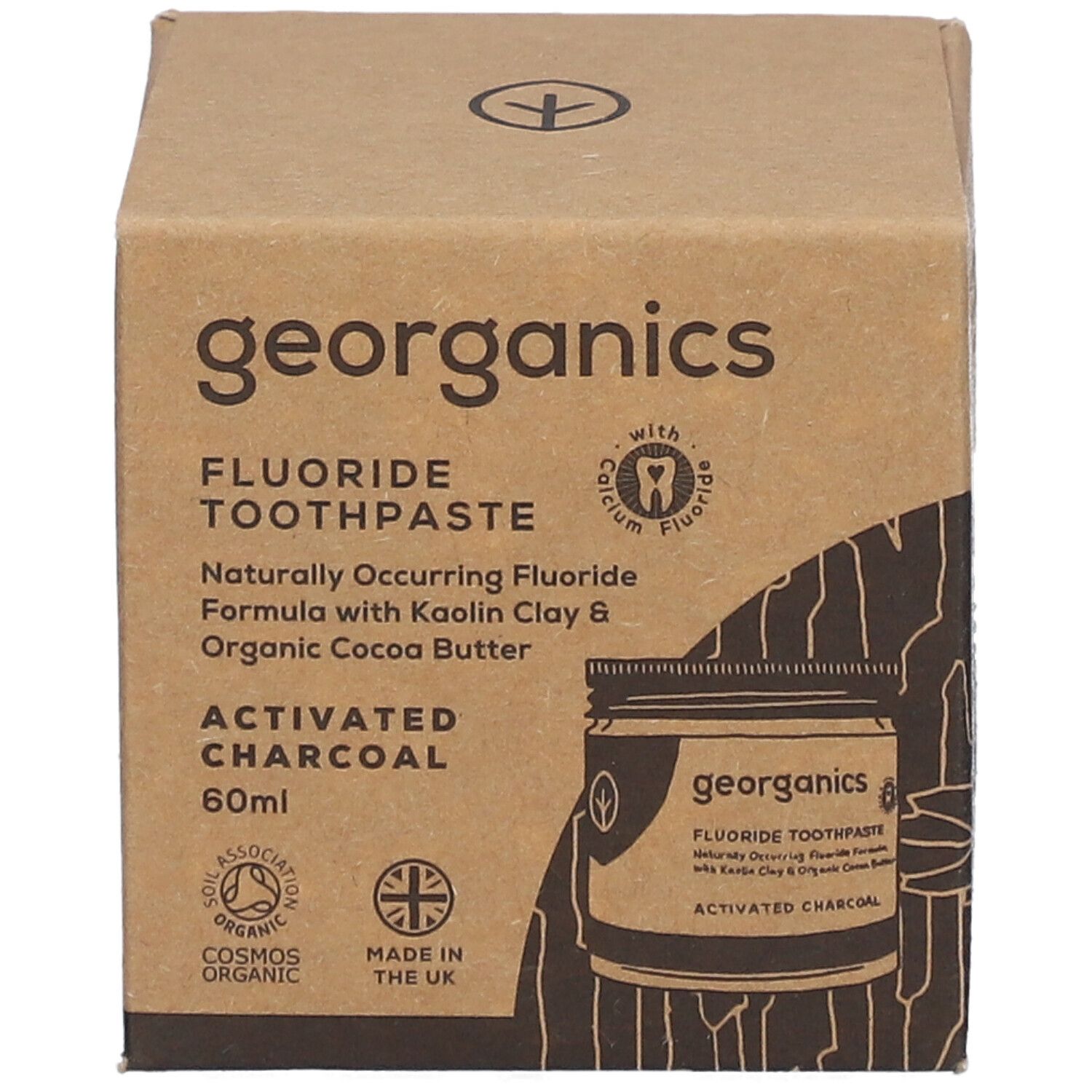 GEORGANICS Tandpasta met fluoride en actieve kool, 60ml. Voorkant van de kartonnen verpakking.