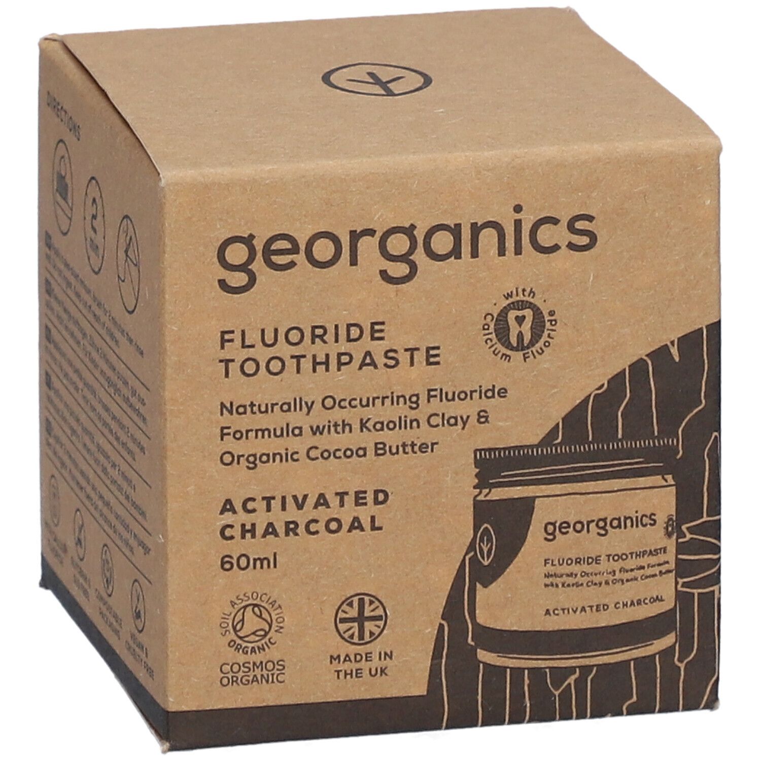 GEORGANICS Tandpasta met fluoride en actieve kool, 60ml. Kartonnen verpakking met zegels en productafbeelding.