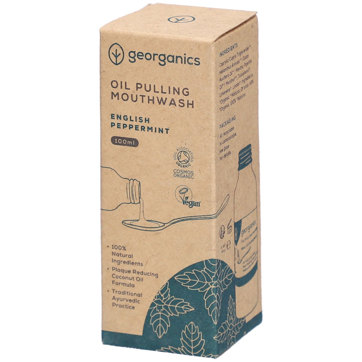 Kartonnen mondwater. Merk: georganics. Opschrift: Oil Pulling Mouthwash Peppermint. Certificering: Cosmos Organic, B Corp.