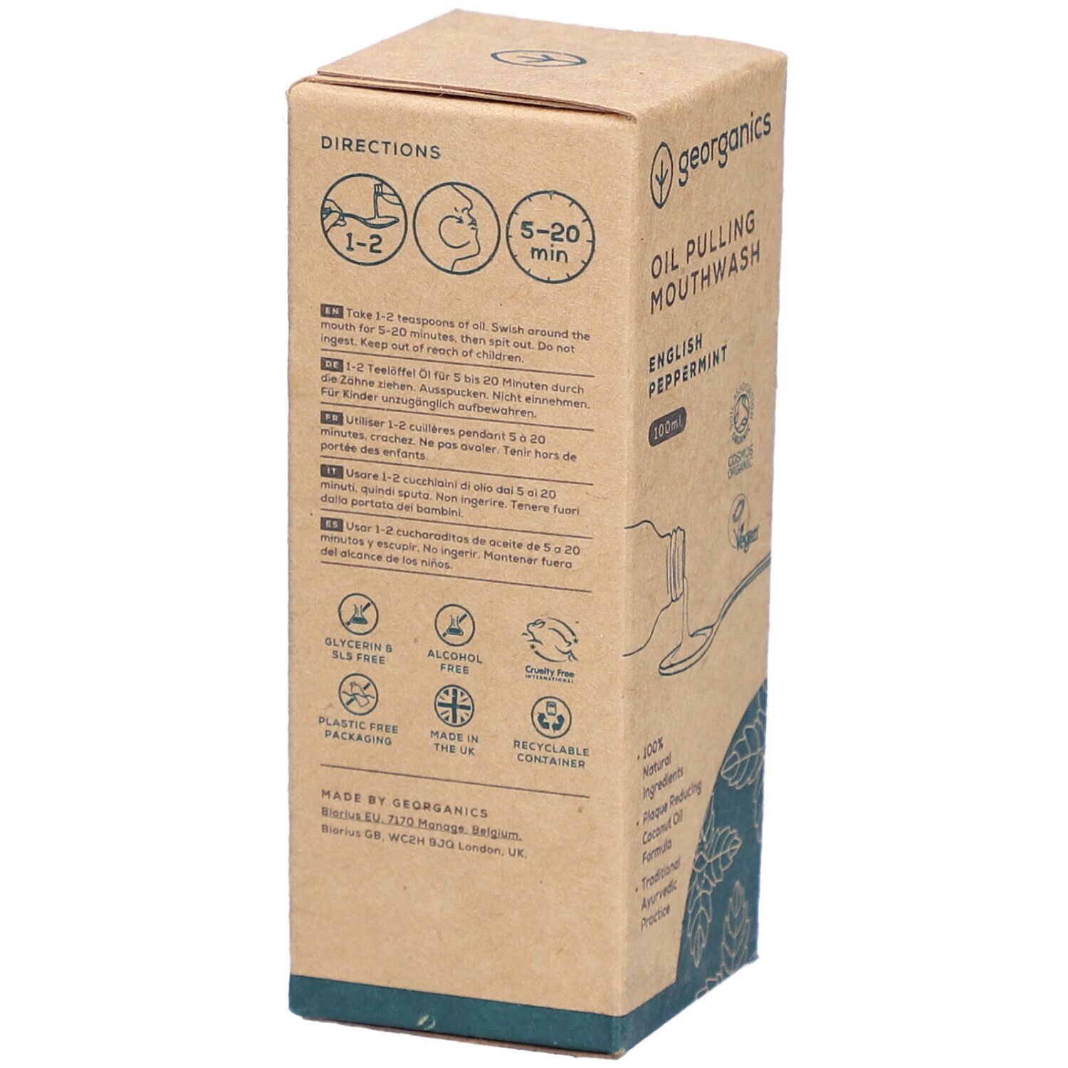 Kartonnen mondwater. Merk: georganics. Opschrift: Oil Pulling Mouthwash Peppermint. Gebruiksaanwijzing. Veganistisch, recyclebaar.