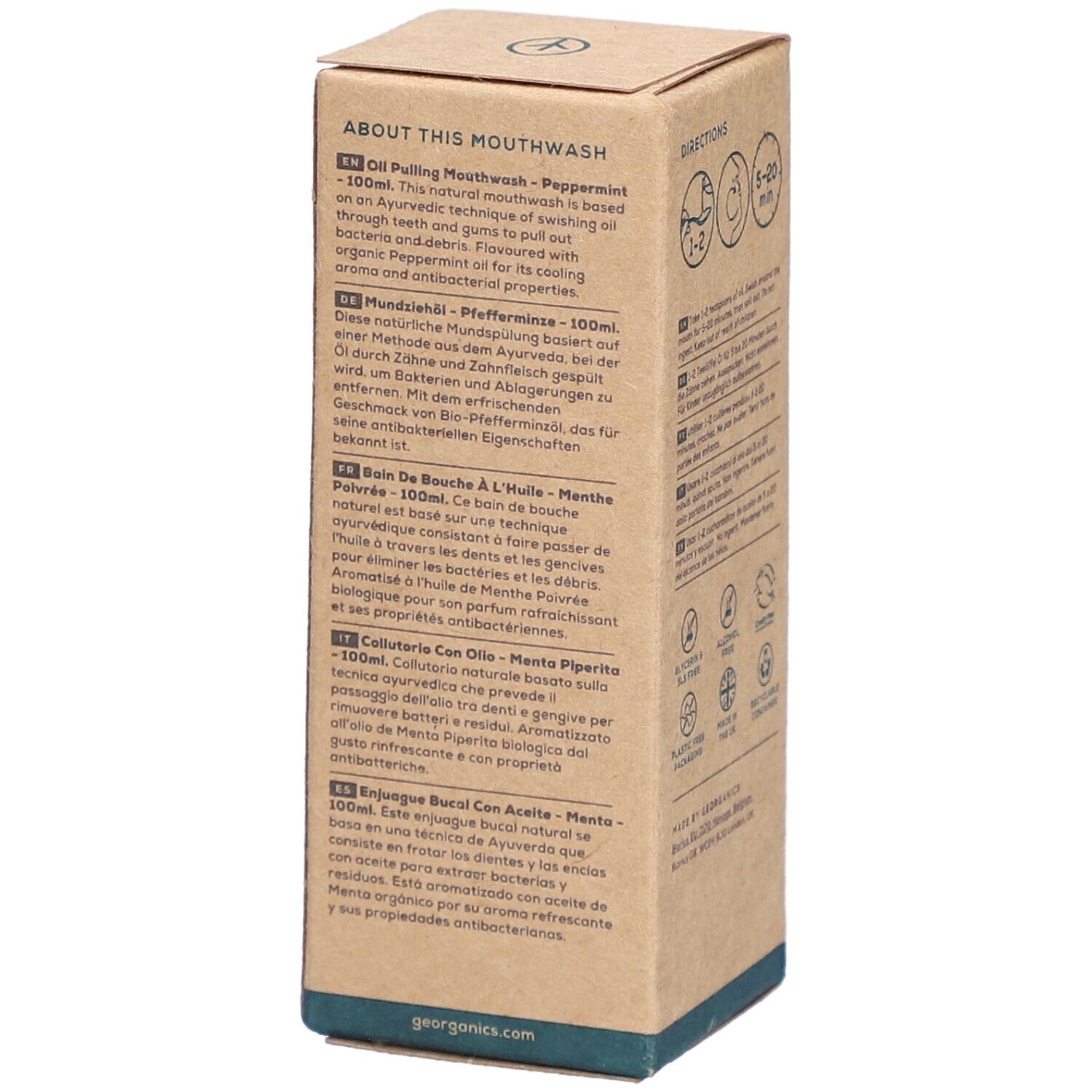 Kartonnen mondwater. Merk: georganics. Opschrift: Oil Pulling Mouthwash Peppermint. Productbeschrijving. Veganistisch, recyclebaar.