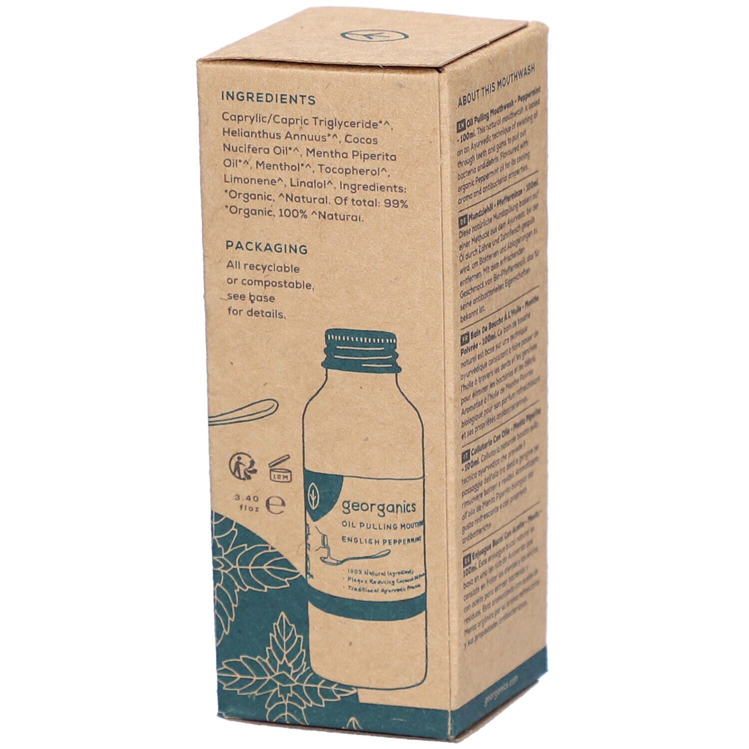 Kartonnen mondwater. Merk: georganics. Opschrift: Oil Pulling Mouthwash Peppermint. Ingrediëntenlijst. Veganistisch, recyclebaar.