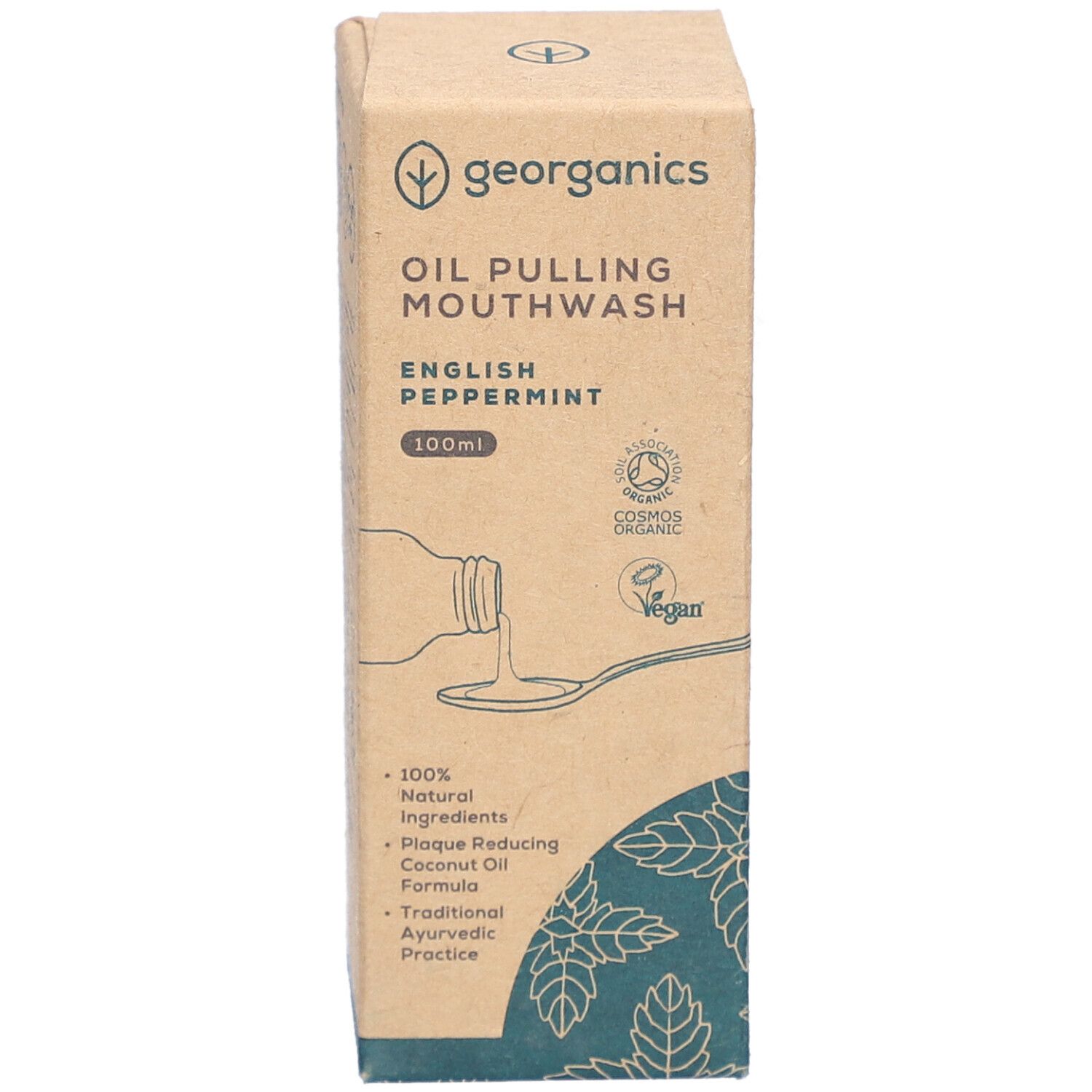 Kartonnen mondwater. Merk: georganics. Opschrift: Oil Pulling Mouthwash Peppermint. Certificering: Cosmos Organic, B Corp.