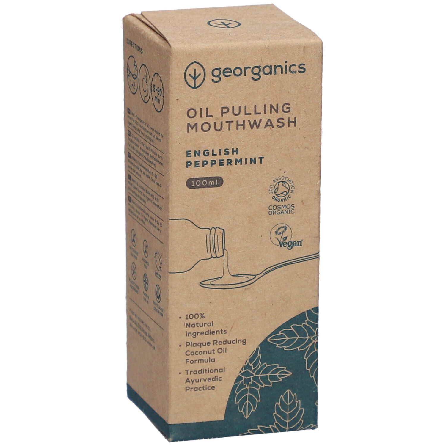 Kartonnen mondwater. Merk: georganics. Opschrift: Oil Pulling Mouthwash Peppermint. Certificering: Cosmos Organic, B Corp.