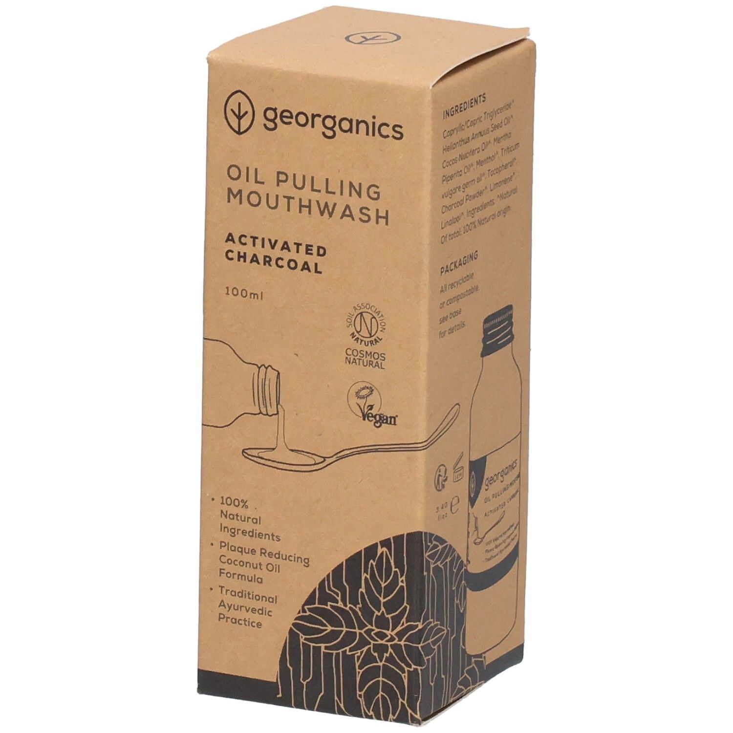 Kartonnen verpakking met productafbeelding en tekst 'georganics'. Bevat oil pulling mondwater, actieve kool.