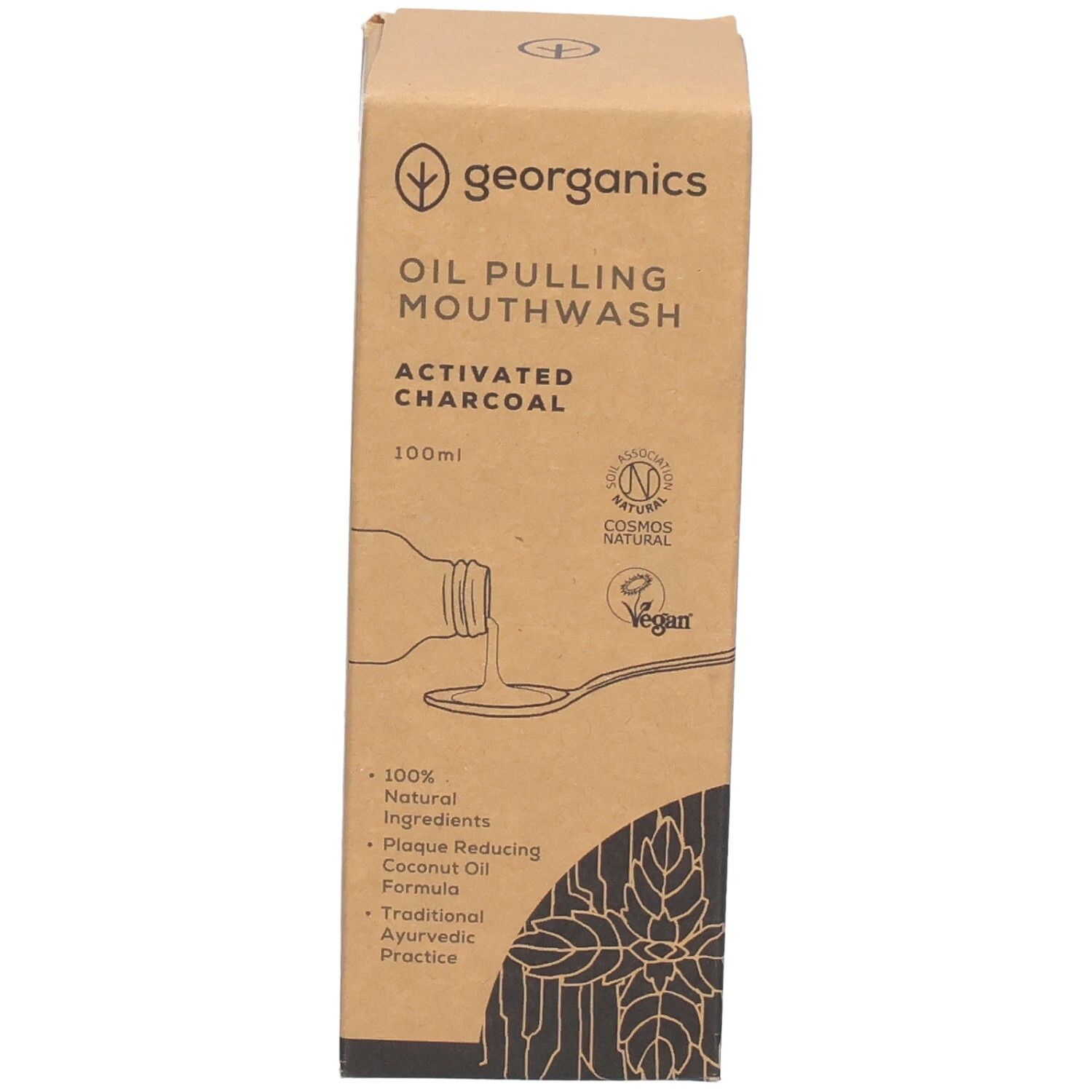 Kartonnen verpakking met productafbeelding en tekst 'georganics'. Bevat oil pulling mondwater, actieve kool.
