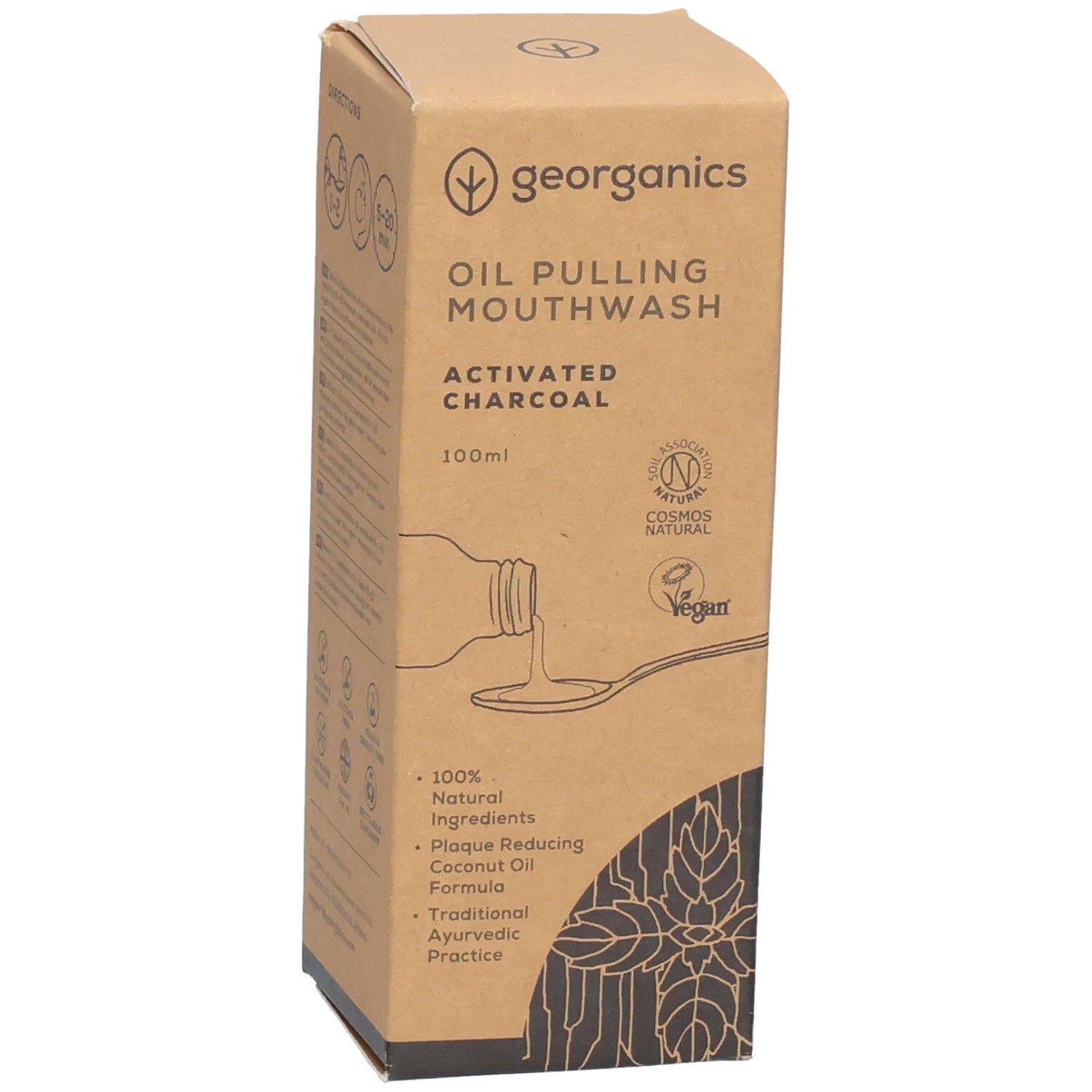 Kartonnen verpakking met productafbeelding en tekst 'georganics'. Bevat oil pulling mondwater, actieve kool.