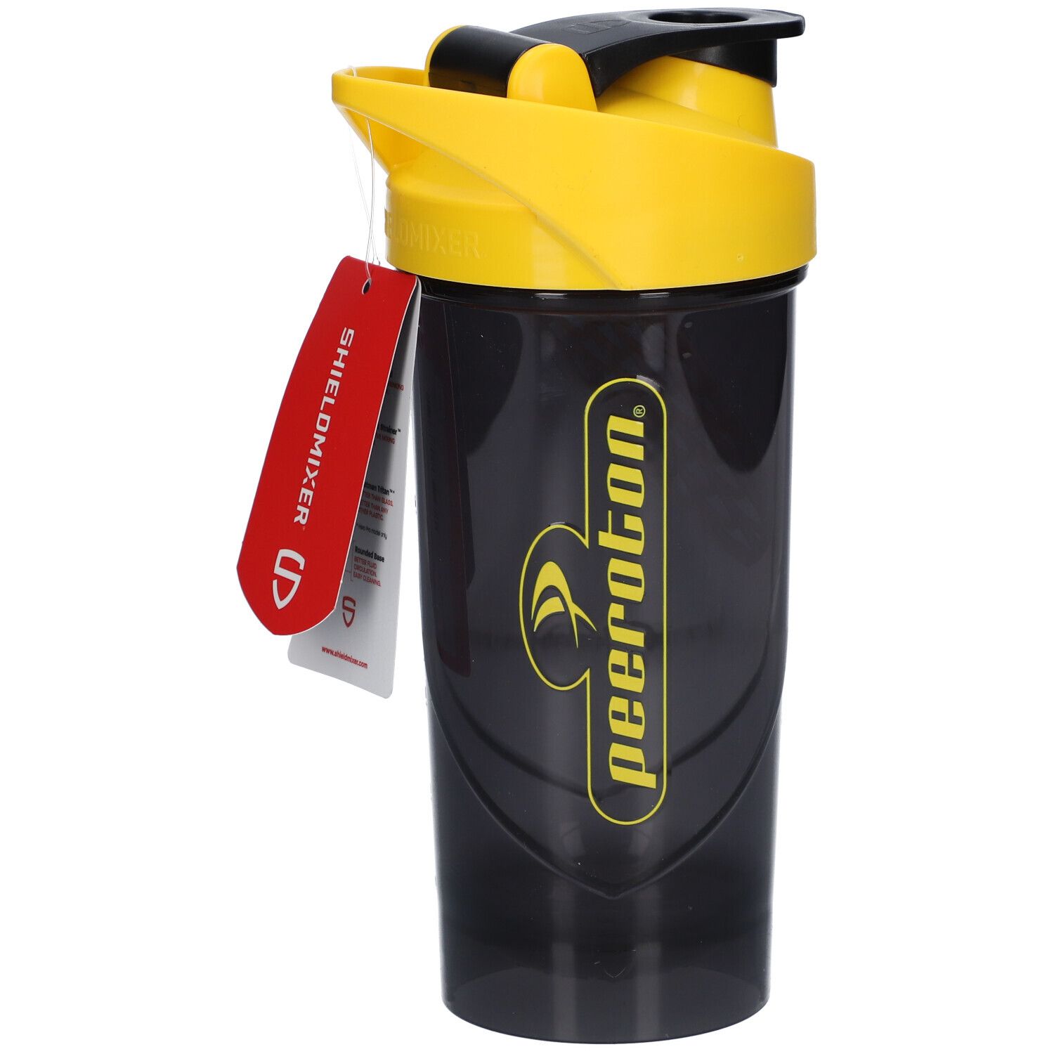 Shaker noir avec couvercle jaune. Inscription peeroton. Étiquette avec logo SHIELDMIXER.