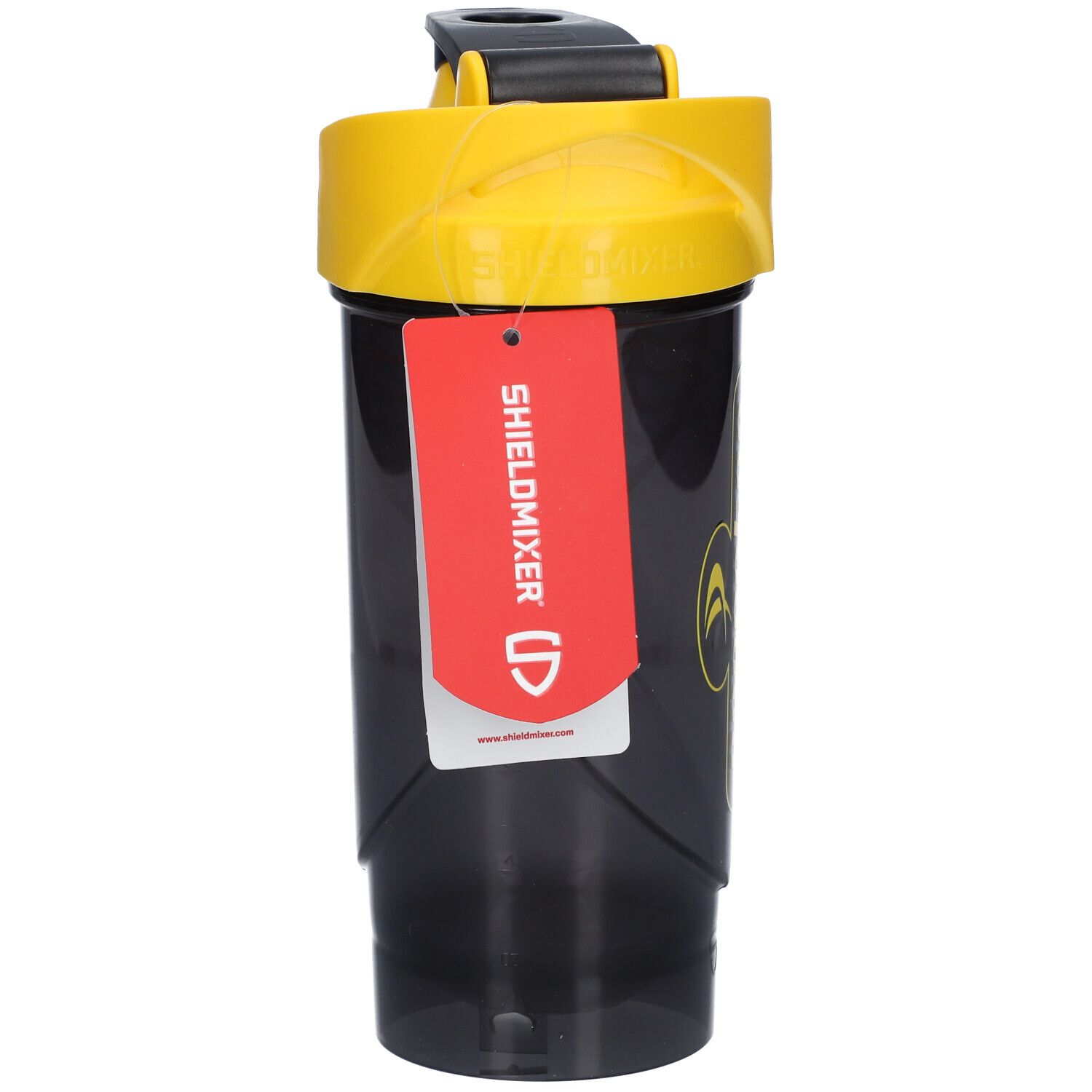 Shaker noir avec couvercle jaune. Étiquette avec logo SHIELDMIXER.