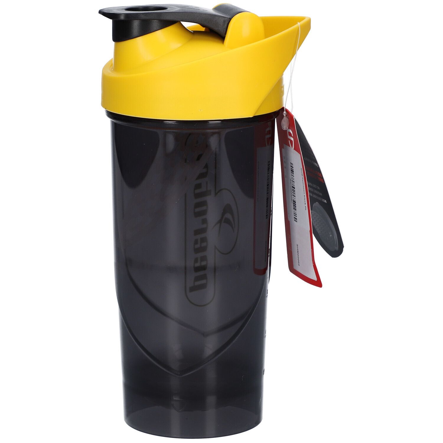Shaker noir avec couvercle jaune. Inscription peeroton. Étiquette avec informations produit.