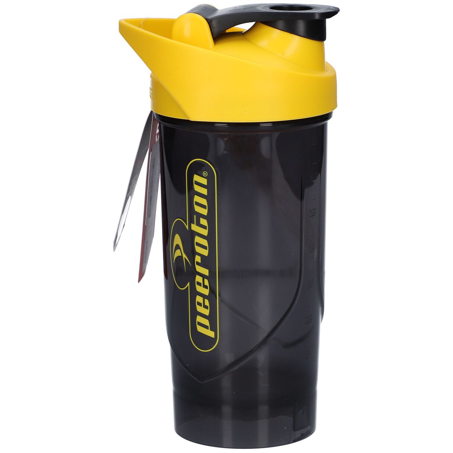 Shaker noir avec couvercle jaune. Inscription peeroton. Étiquette avec informations produit.