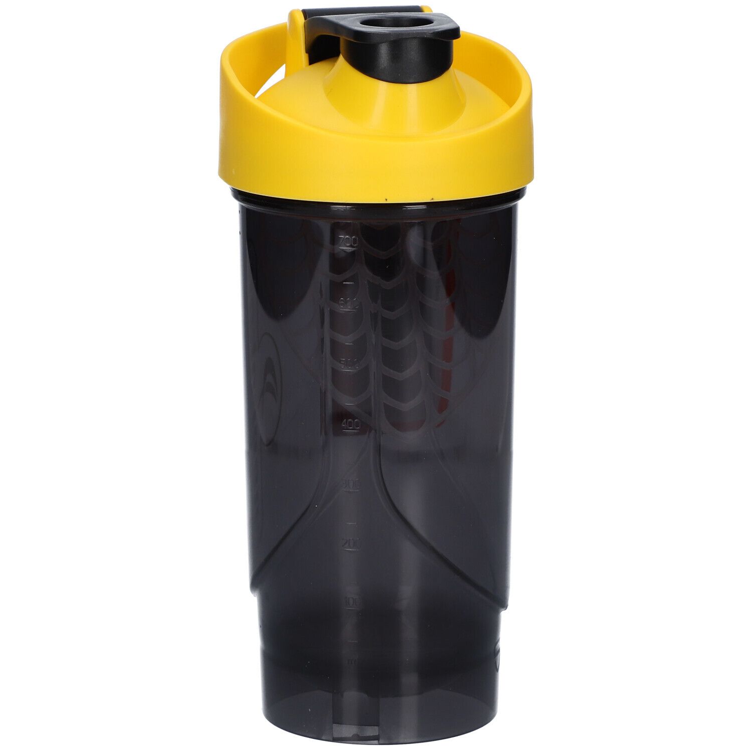 Shaker noir avec couvercle jaune. Spirale interne visible.