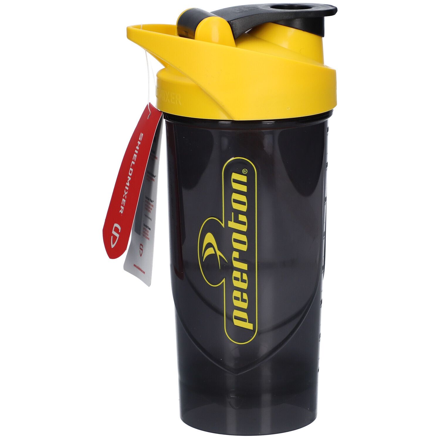 Shaker noir avec couvercle jaune. Inscription peeroton. Étiquette avec logo SHIELDMIXER.