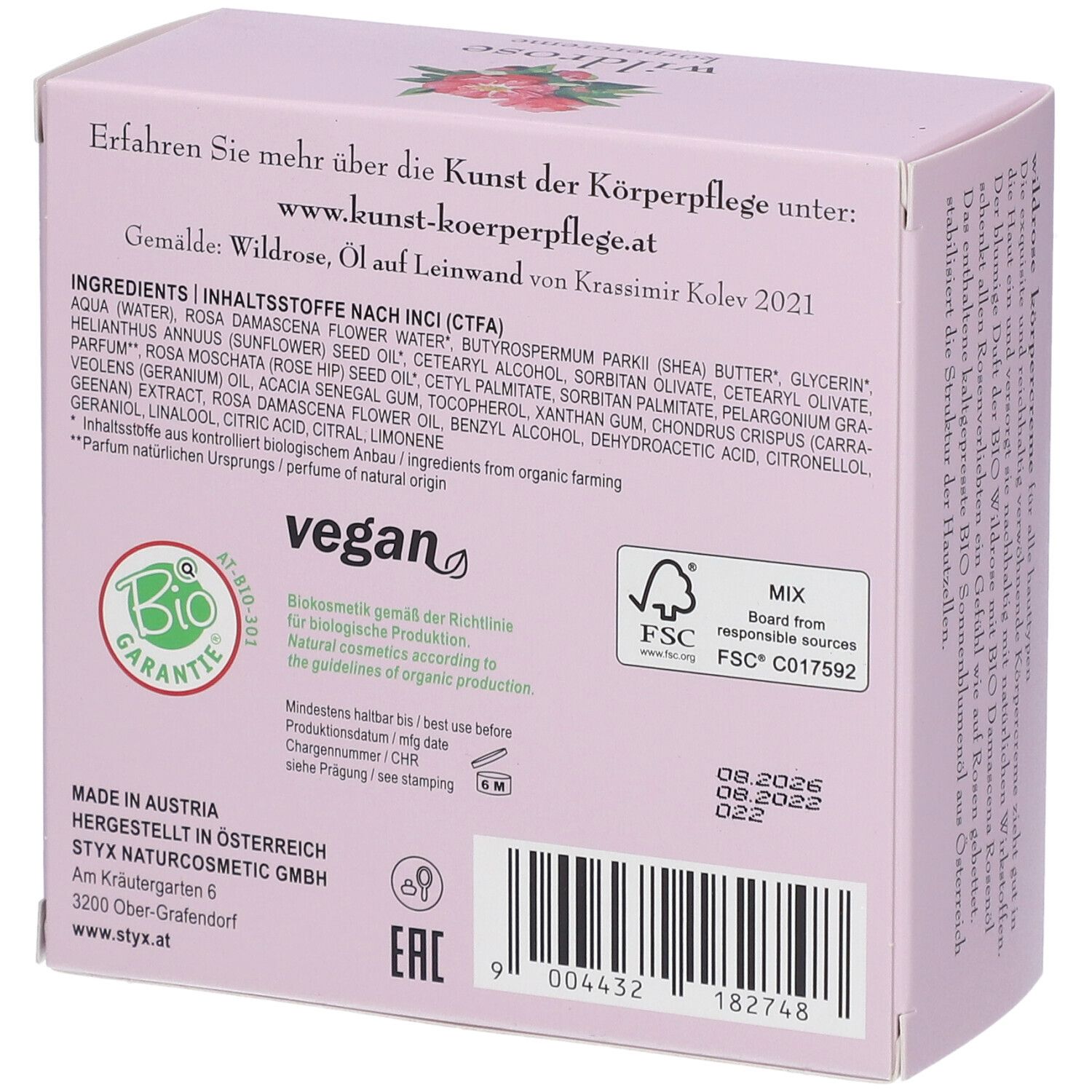 Achterkant van de roze verpakking. Tekst: ingrediënten, bio-garantie zegel, FSC zegel, houdbaarheidsdatum.