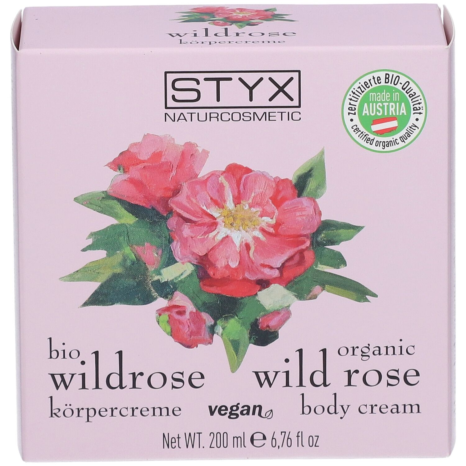 Roze verpakking met STYX logo, wilde roos illustratie, tekst: wilde roos bodycrème, 200 ml.