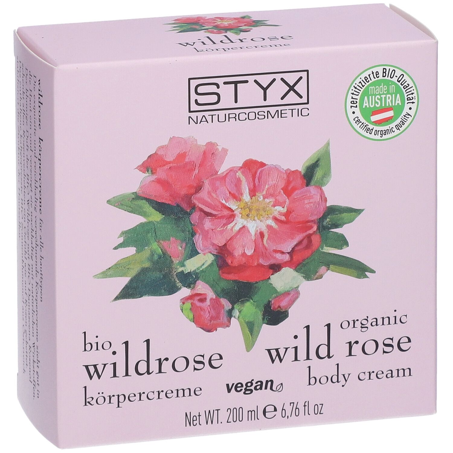 Roze verpakking met STYX logo, wilde roos illustratie, tekst: wilde roos bodycrème, 200 ml.