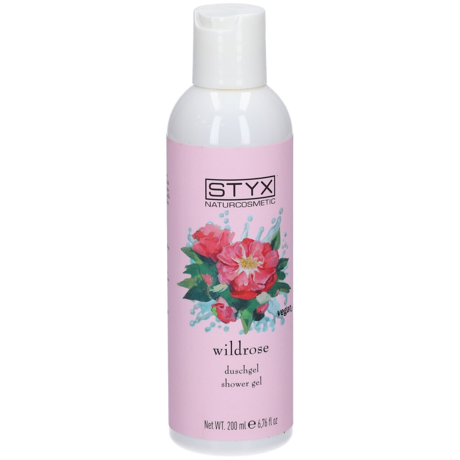 STYX Wildrose douchegel. Roze etiket met rozenillustratie. Vegan keurmerk. Fles met witte dop.