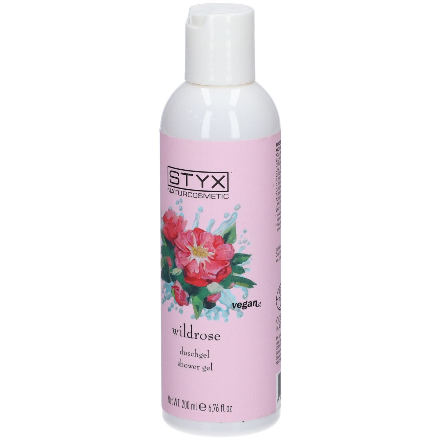 STYX Wildrose douchegel. Roze etiket met rozenillustratie. Vegan keurmerk. Fles met witte dop.