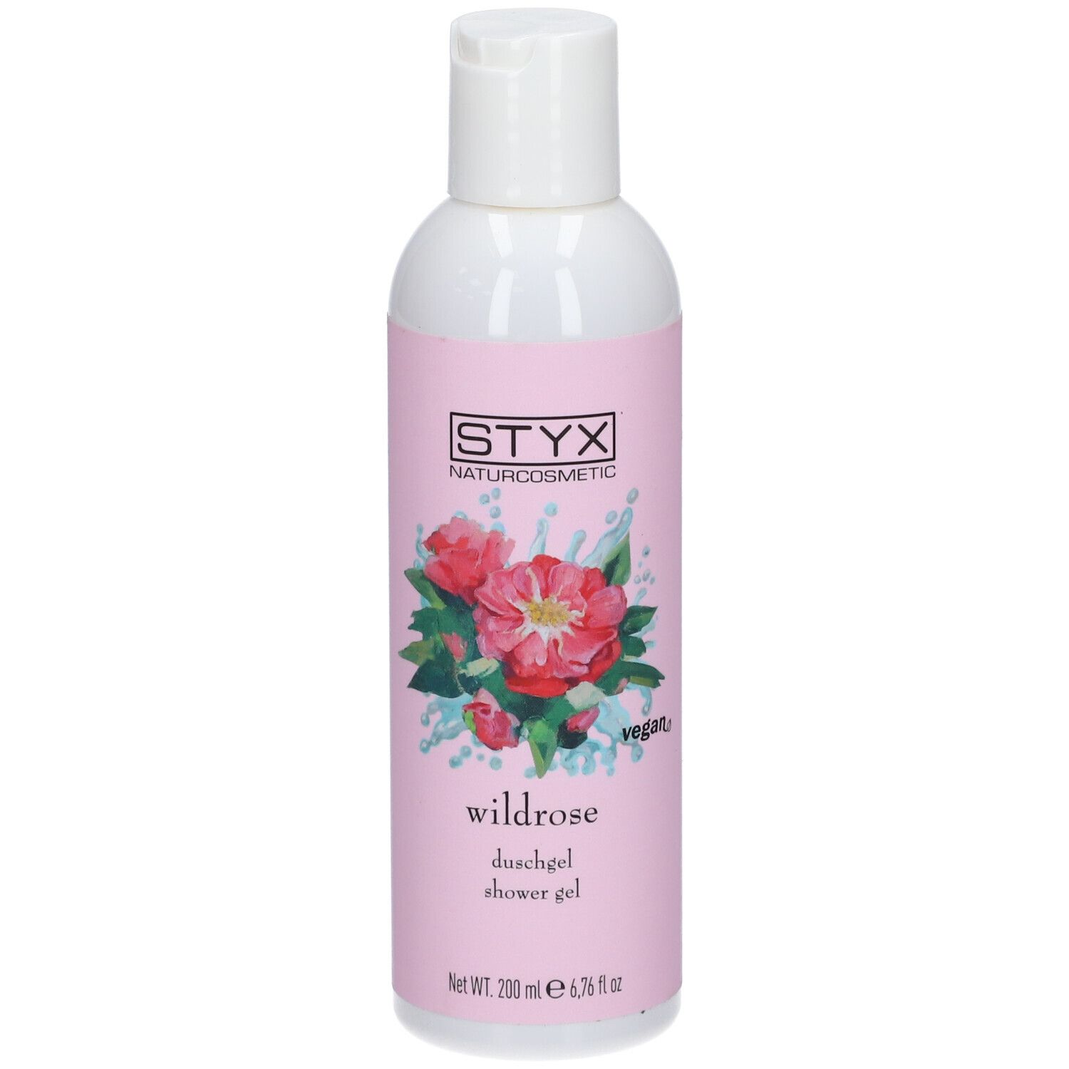 STYX Wildrose douchegel. Roze etiket met rozenillustratie. Vegan keurmerk. Fles met witte dop.