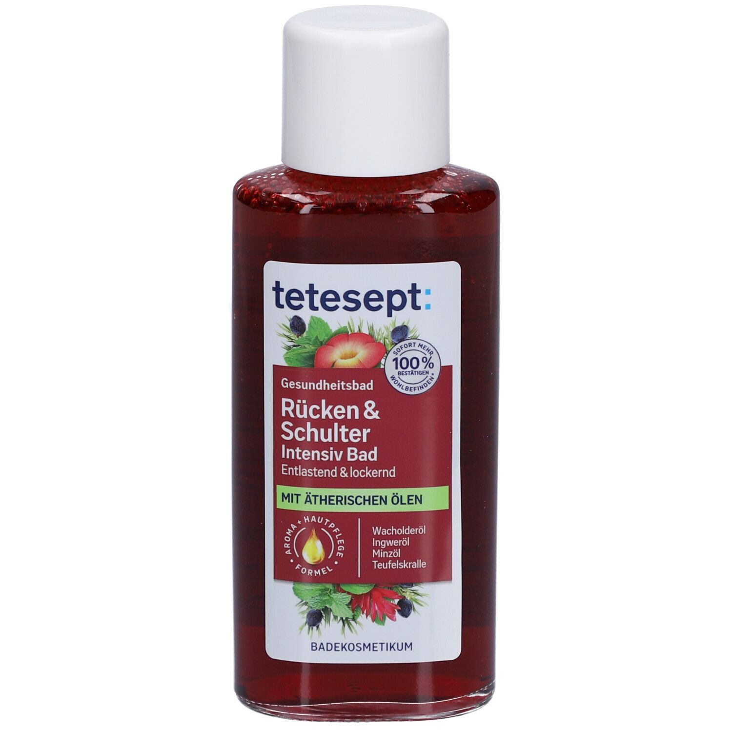 tetesept® Rücken & Schulter Intensiv Bad. Rode vloeistof in fles met witte dop. Opschrift.