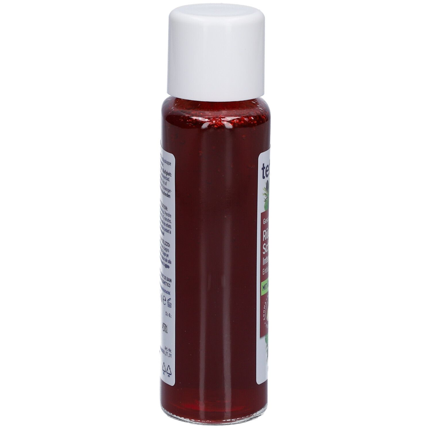 tetesept® Rücken & Schulter Intensiv Bad. Rode vloeistof in fles met witte dop. Zijaanzicht.
